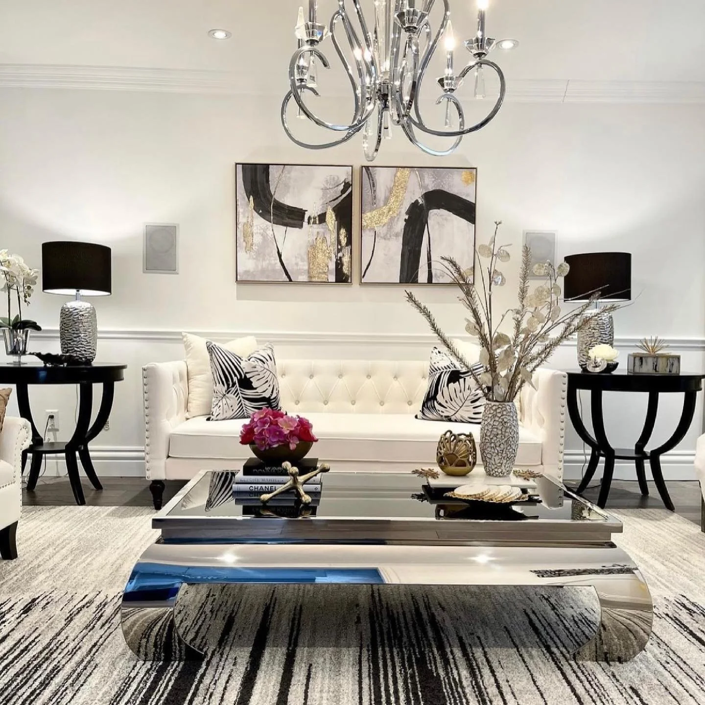 13. Chic Contrast with Monochrome and Metallics (Glam Living Room Ideas)