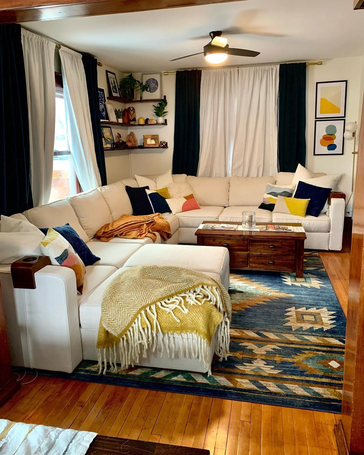 6. Layered Comfort with Maximal Texture (Living Room Shelf Ideas)