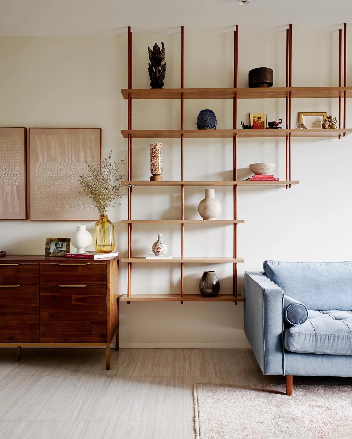 7. Mid-Century Balance with Warm Wood and Airy Shelves (Living Room Shelf Ideas)