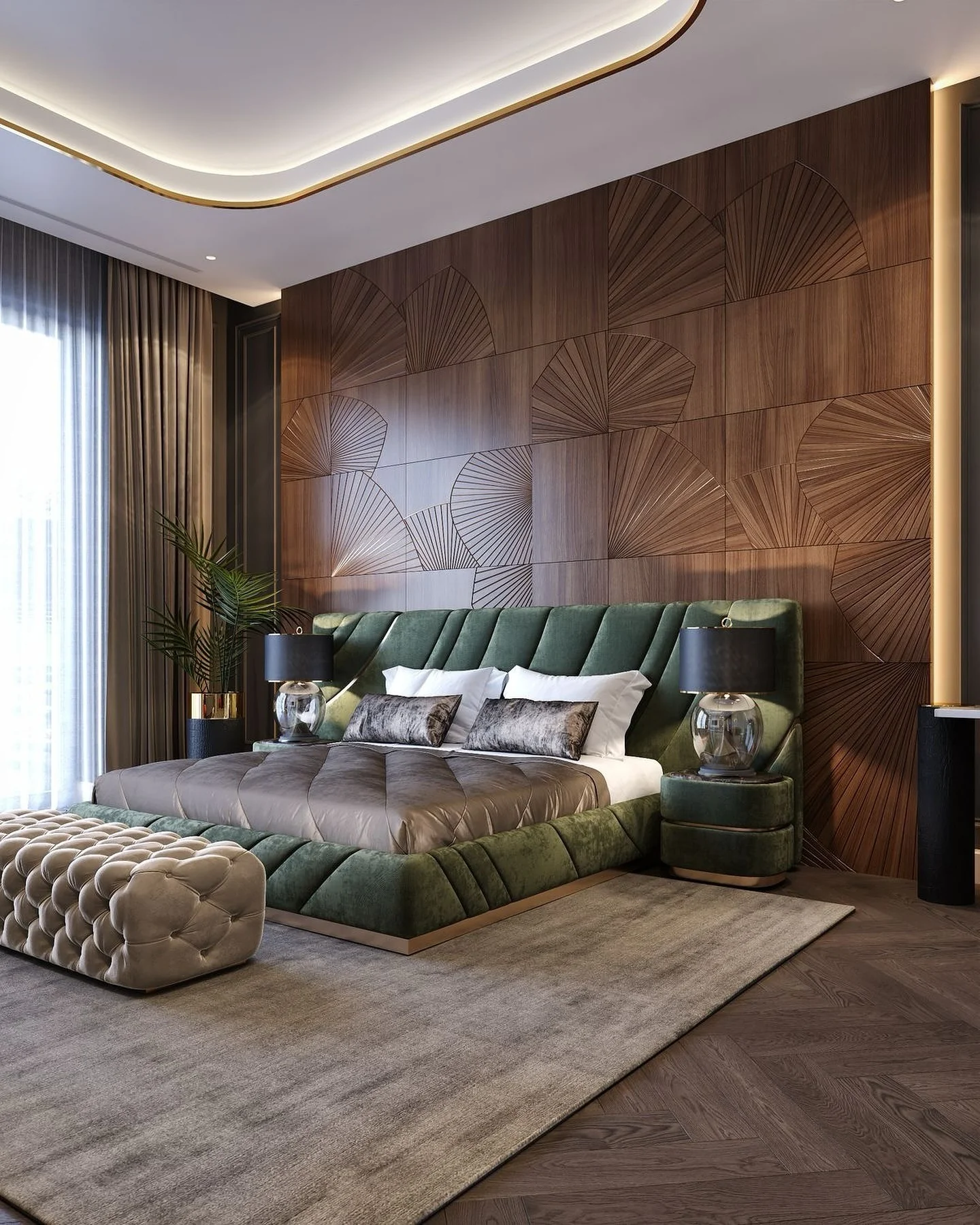 10. Dramatic Earth Tones with Emerald Statement Bed (Dream Bedroom Ideas)