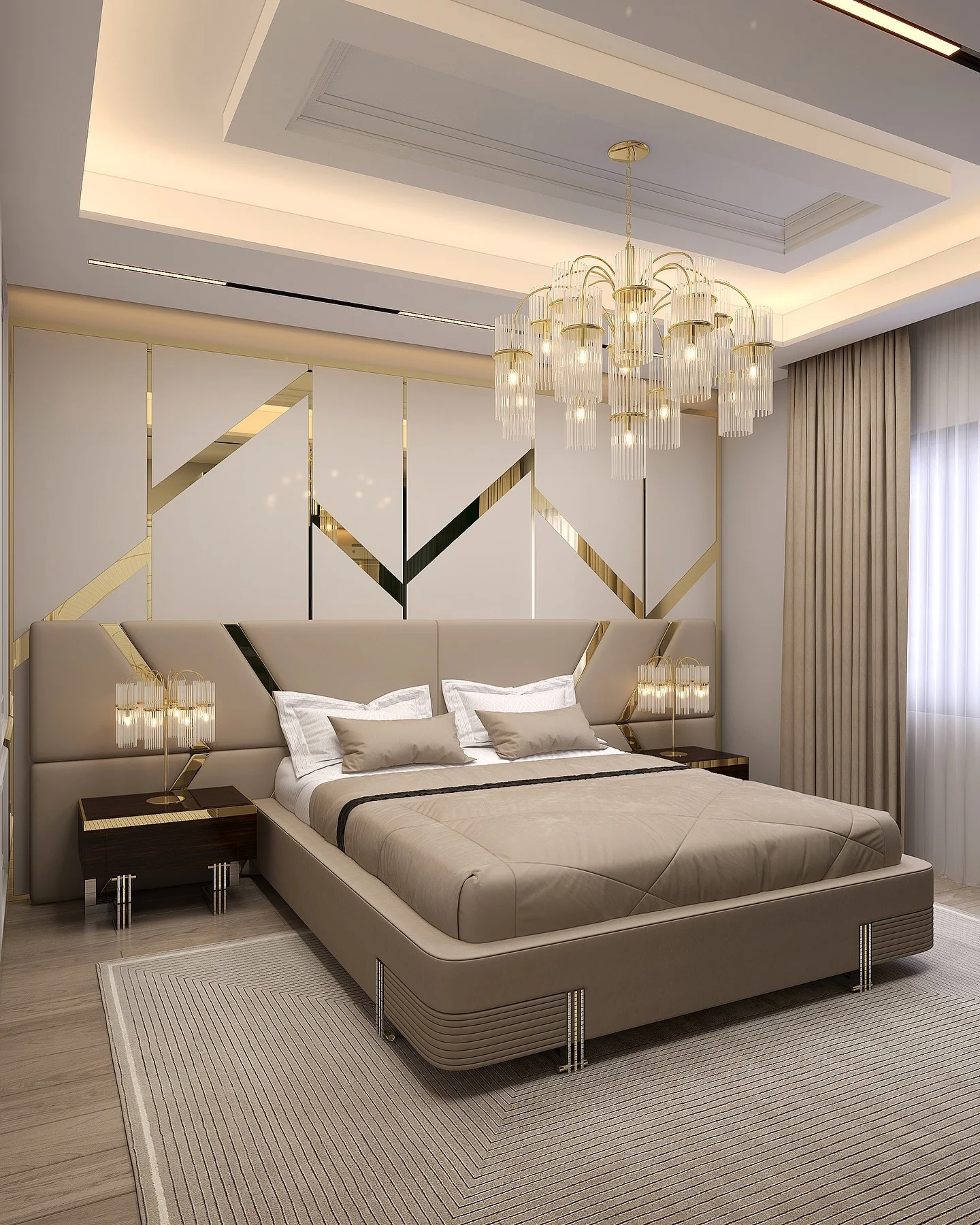 13. Contemporary Luxe with Taupe and Gold Geometry (Dream Bedroom Ideas)