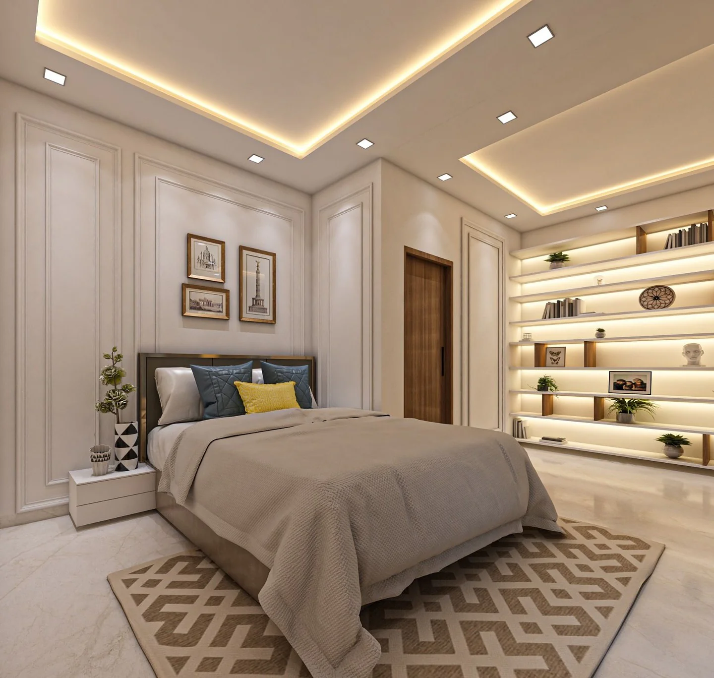 14. Soft Transitional Beige with Integrated Display Wall (Dream Bedroom Ideas)