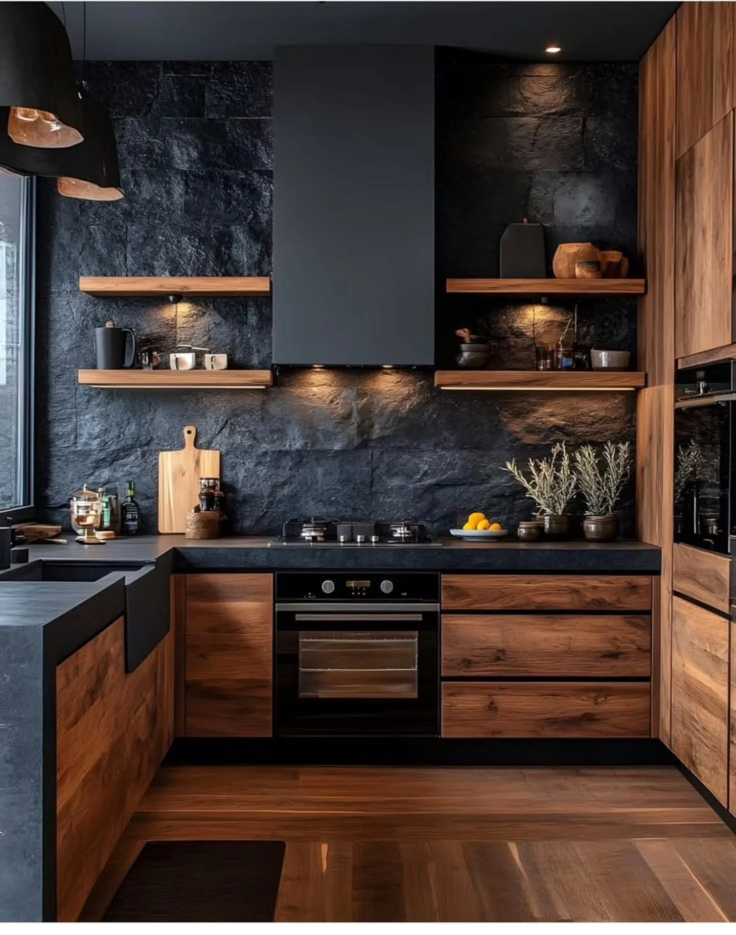 8. Rustic Drama with Stone and Wood (Moody Kitchen Ideas)