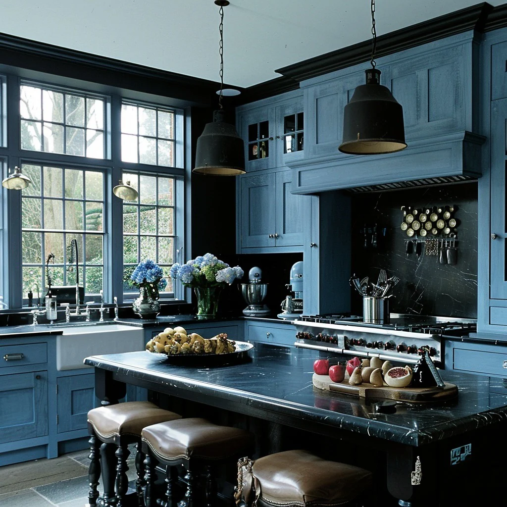 9. Blue Heritage with Black Accents (Moody Kitchen Ideas)