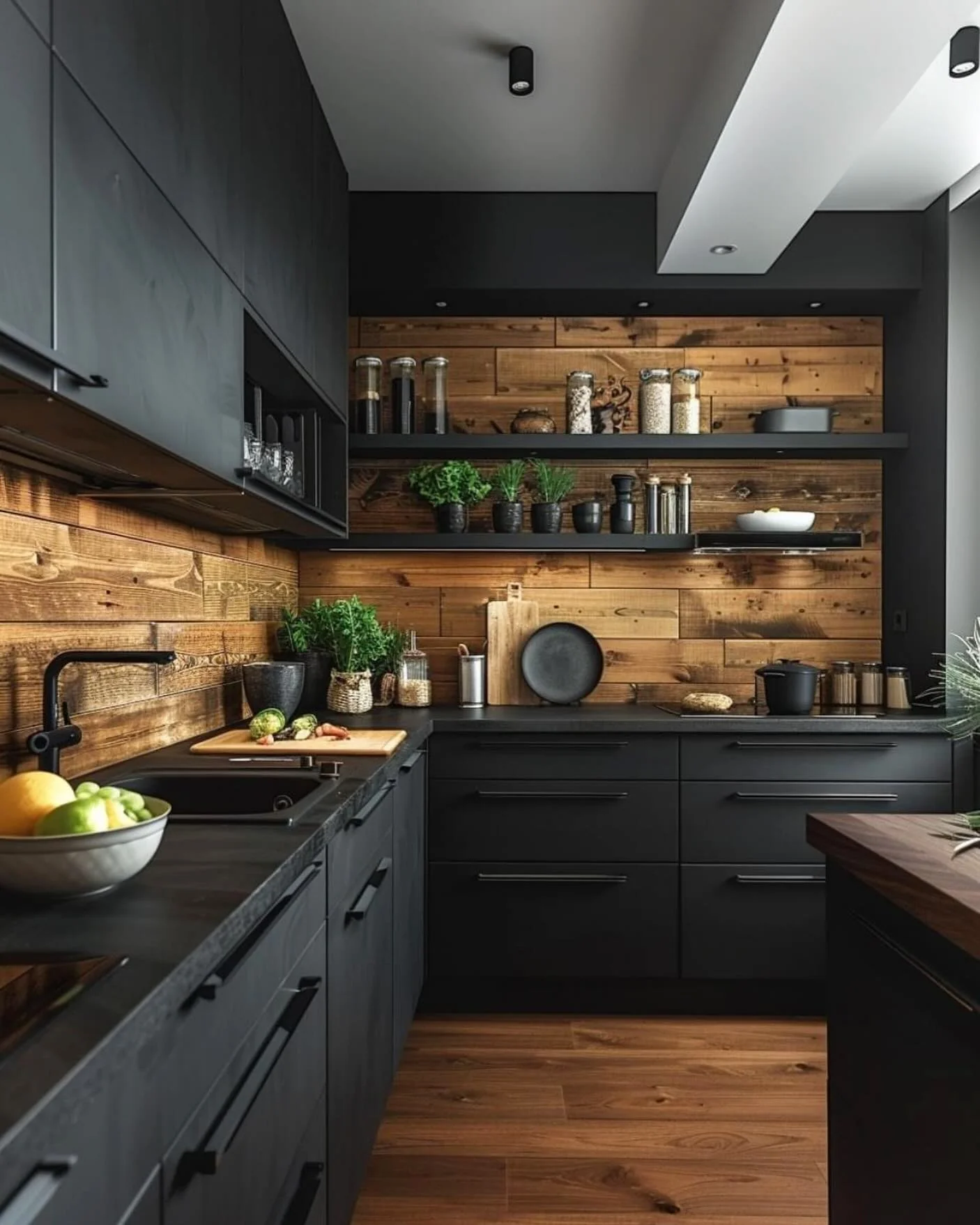 15. Modern Matte Black with Reclaimed Wood (Moody Kitchen Ideas)