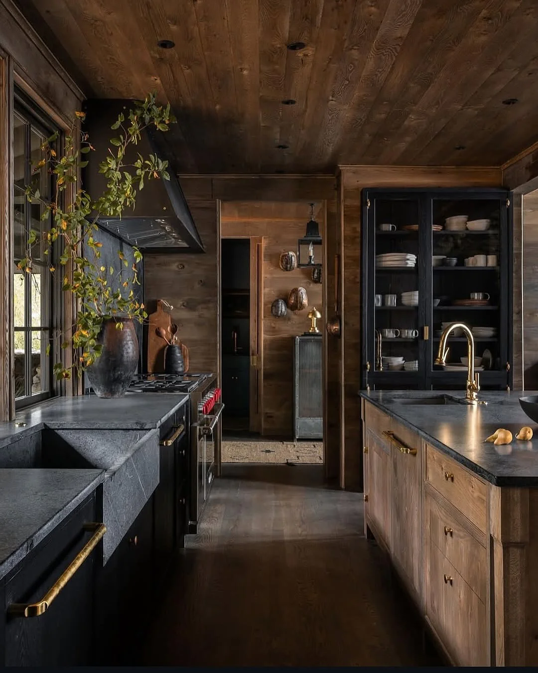 13. Rustic Shadows with Charred Wood and Stone (Moody Kitchen Ideas)