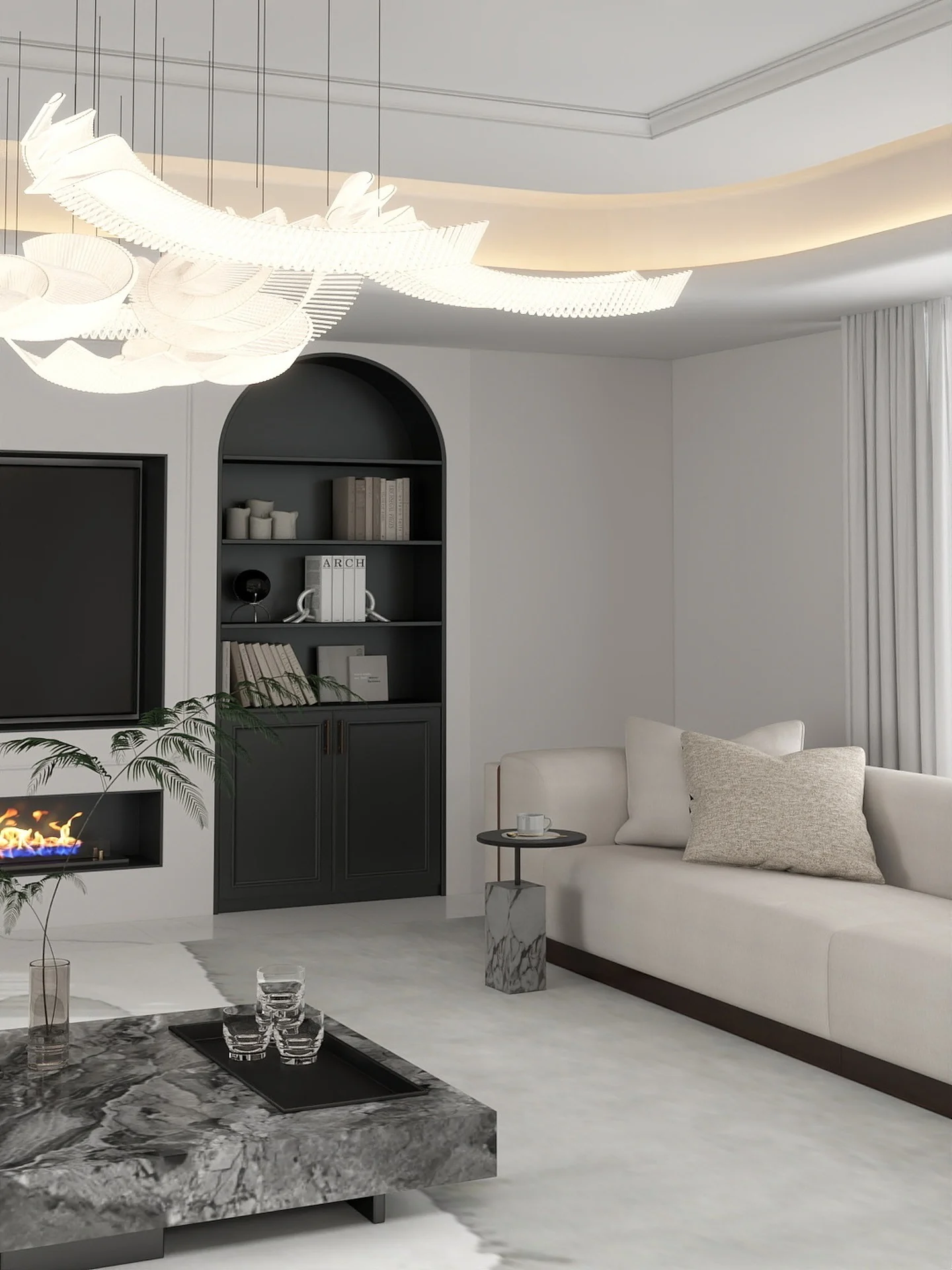 16. High-Impact Elegance in Stone and Charcoal (Gray and White Living Room Ideas)