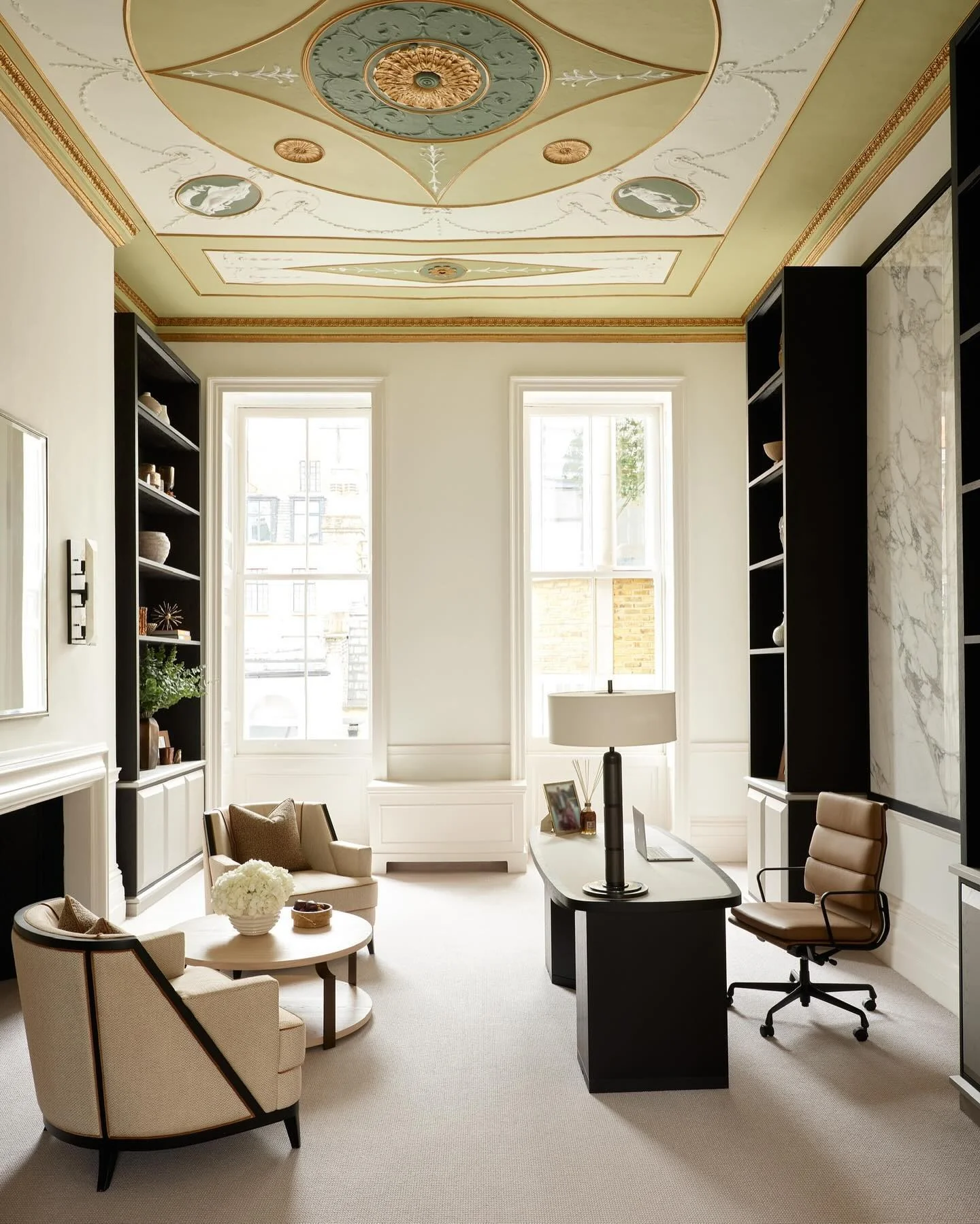 2. Classic Elegance with Neoclassical Ceiling Detail (Office Guest Room Ideas)