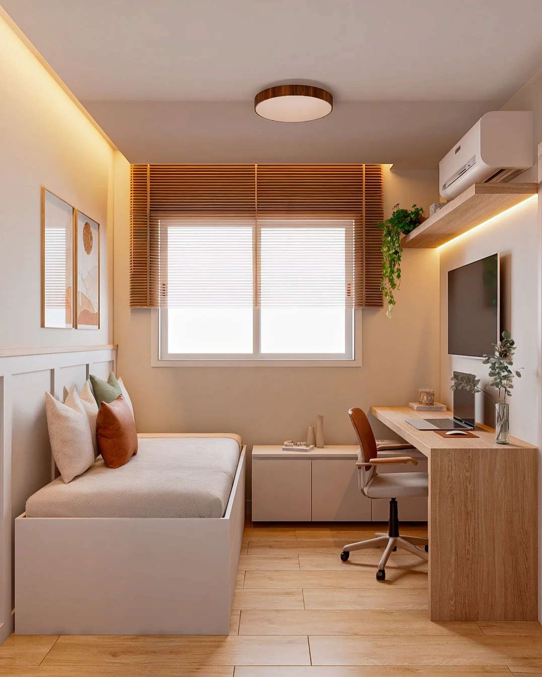 7. Contemporary Natural Tones with a Functional Layout (Office Guest Room Ideas)