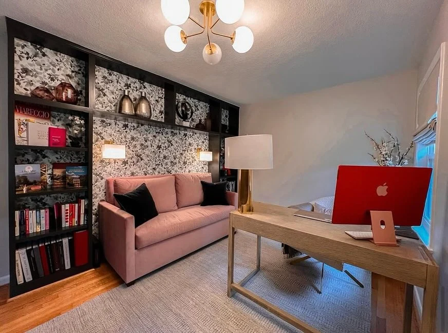 10. Patterned Book Wall with Velvet Sofa (Office Guest Room Ideas)