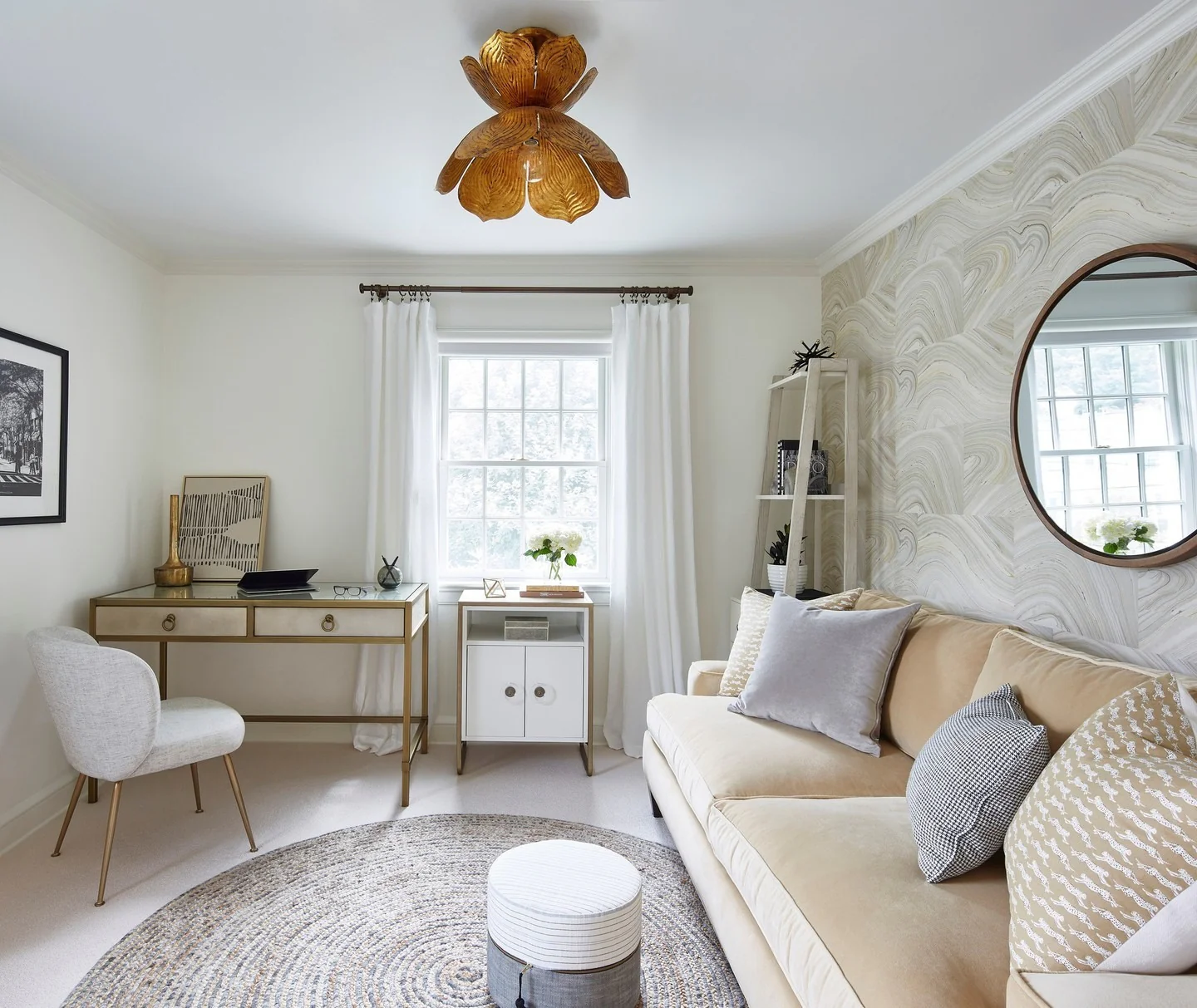 12. Soft Neutrals with Glam Brass Accents (Office Guest Room Ideas)