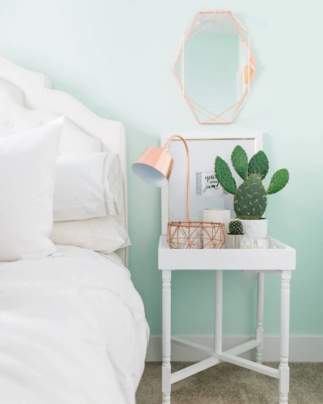14. Rose Gold Accent with Mint Backdrop (Mint Green Bedroom Ideas)