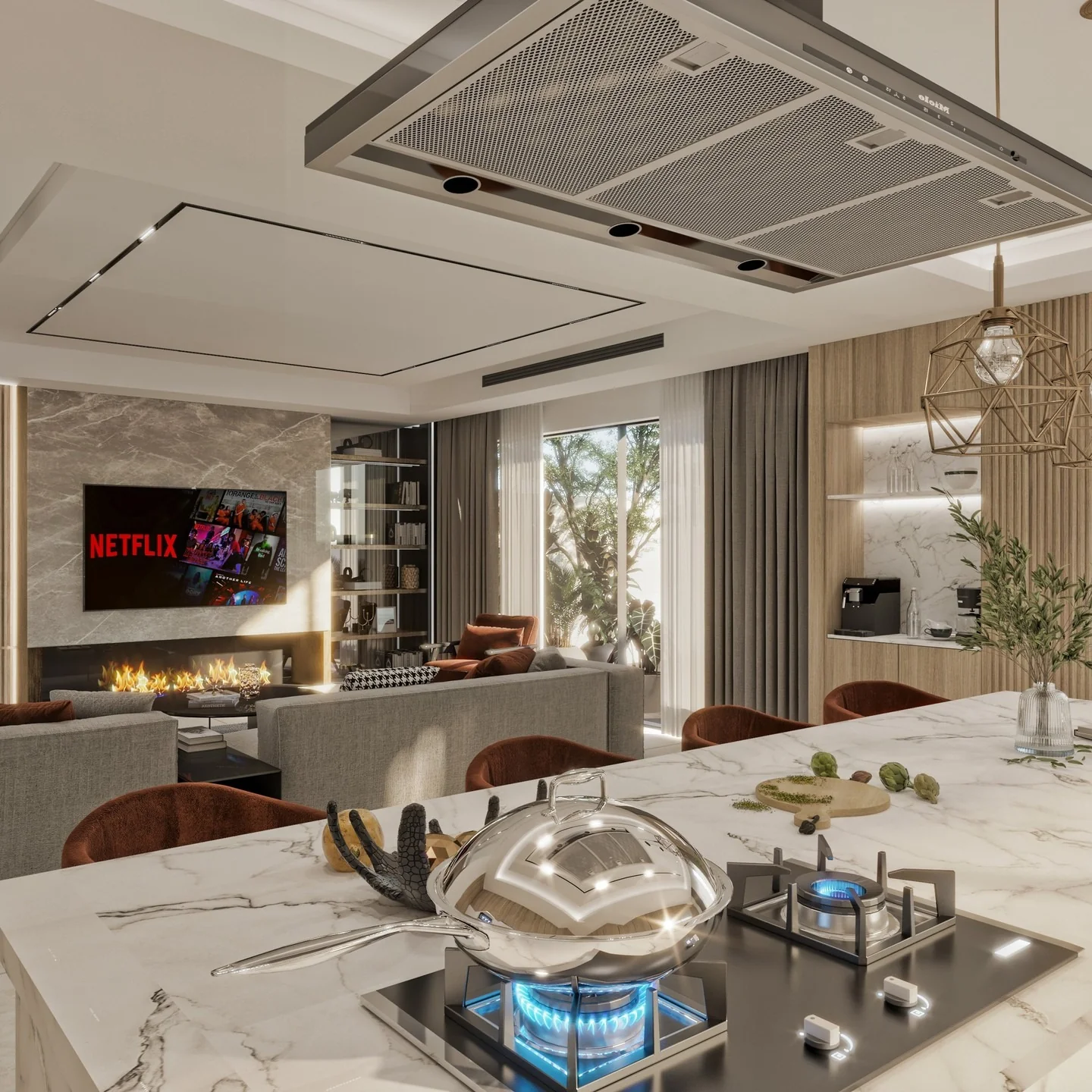 2. Contemporary Warmth with a Luxe Edge (Open Kitchen Living Room Ideas)