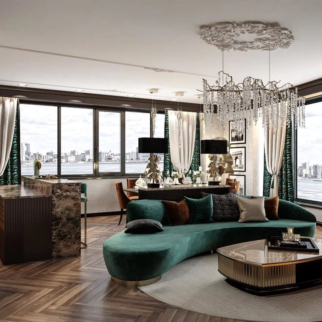 4. Emerald and Gold Art Deco Influence (Open Kitchen Living Room Ideas)