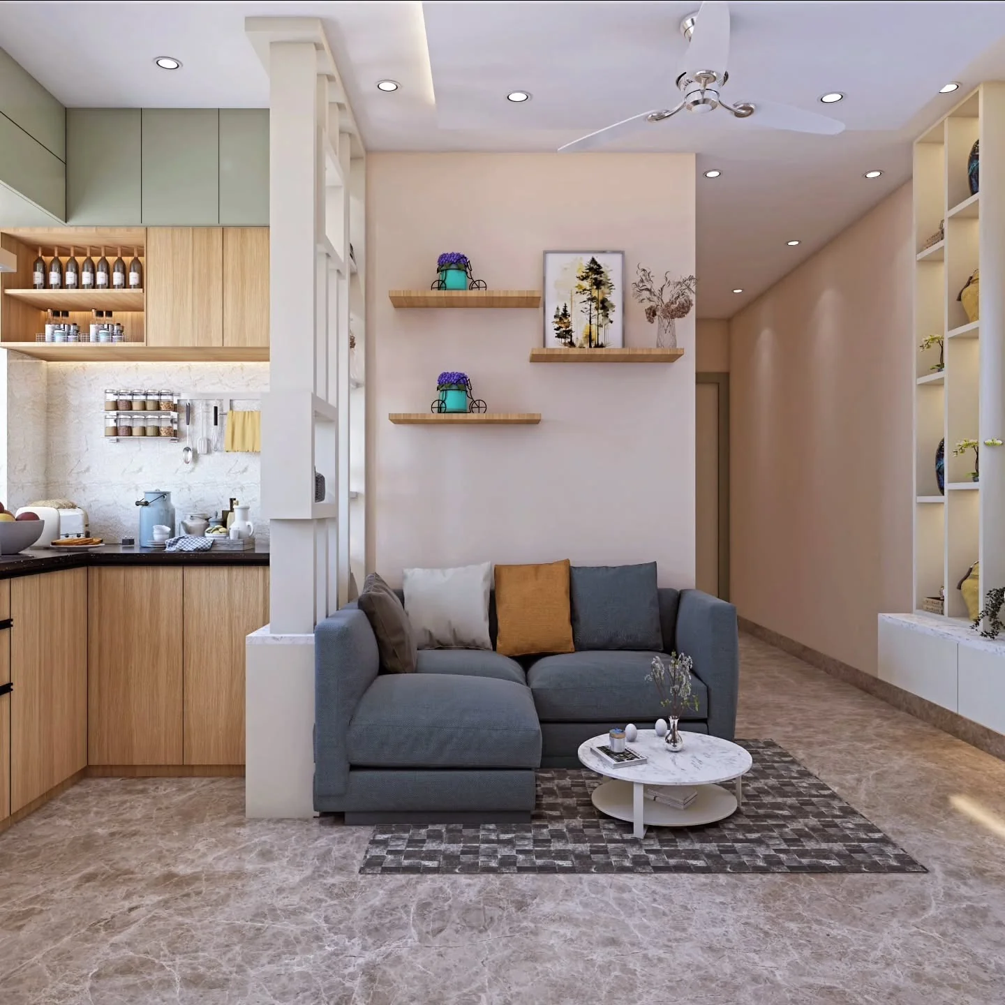 5. Compact Comfort with Smart Storage (Open Kitchen Living Room Ideas)