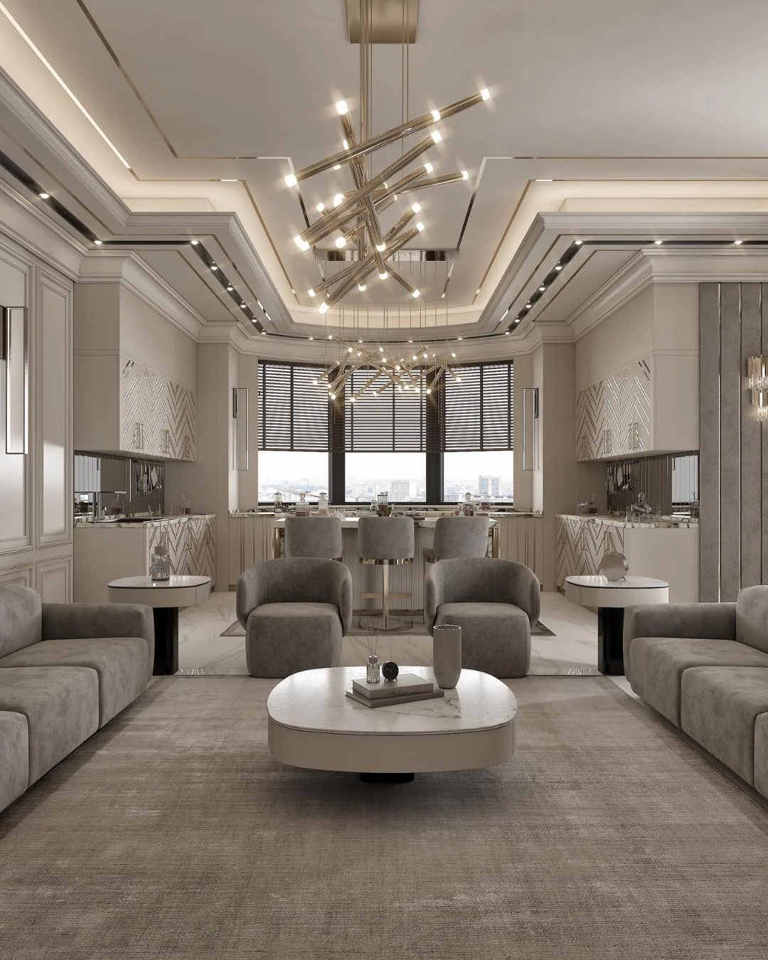 8. Layered Neutrals with Dramatic Lighting (Open Kitchen Living Room Ideas)