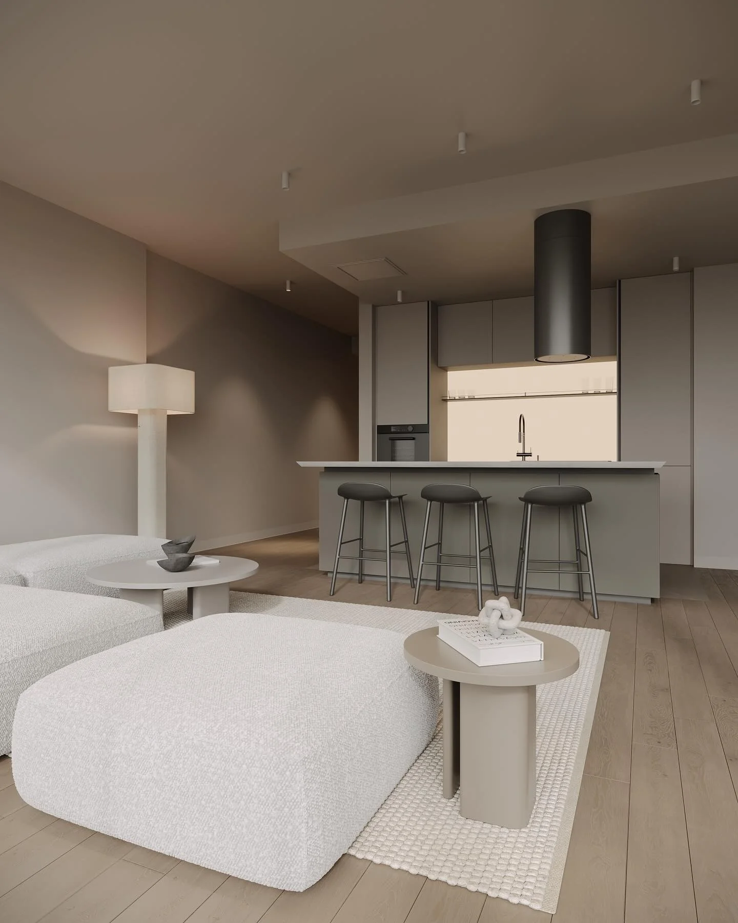 9. Moody Minimalism in Monochrome Tones (Open Kitchen Living Room Ideas)