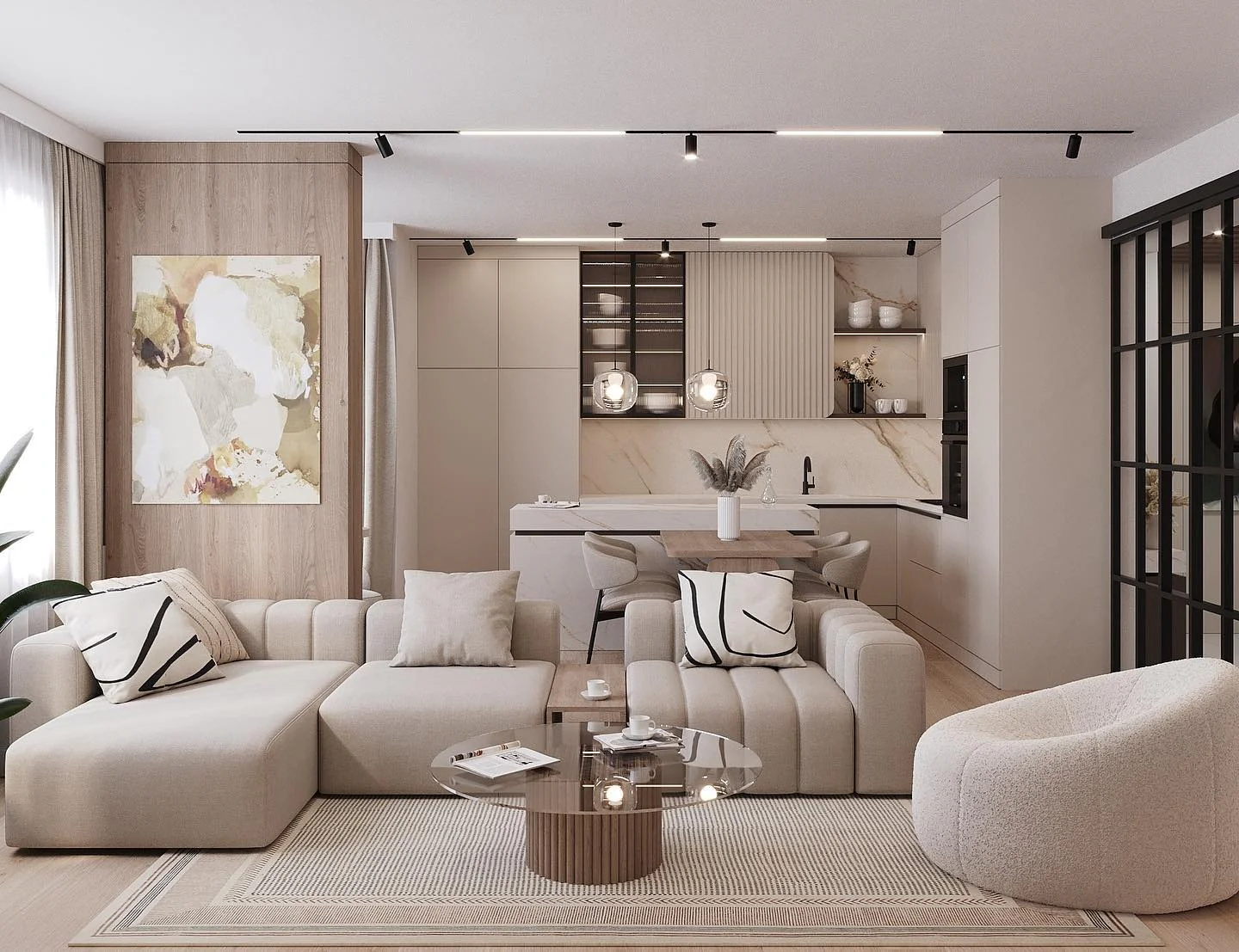 10. Balanced Neutrals with Soft Contrast (Open Kitchen Living Room Ideas)