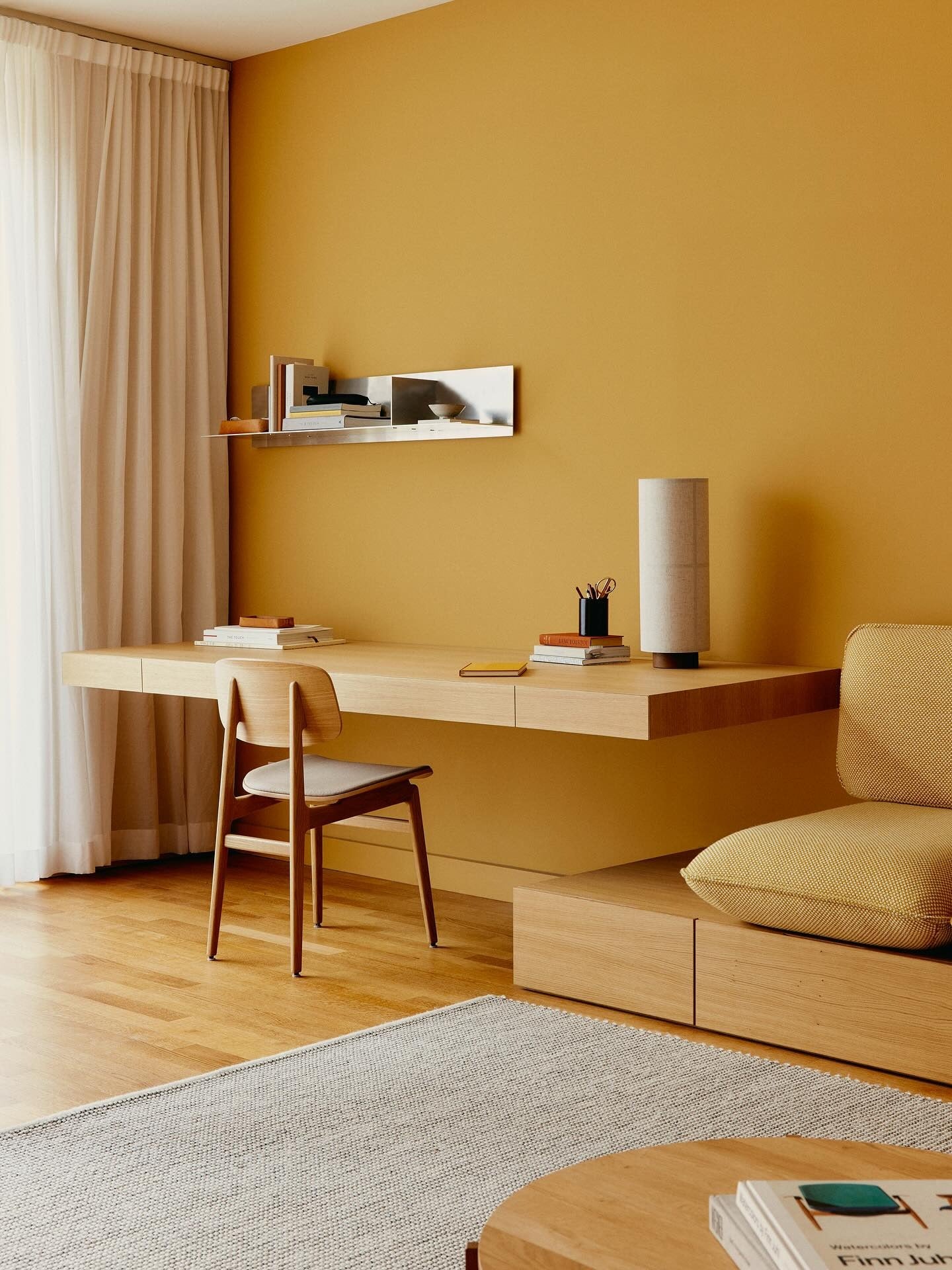 3. Minimal Modern with a Mustard Accent (Living Room Office Ideas)