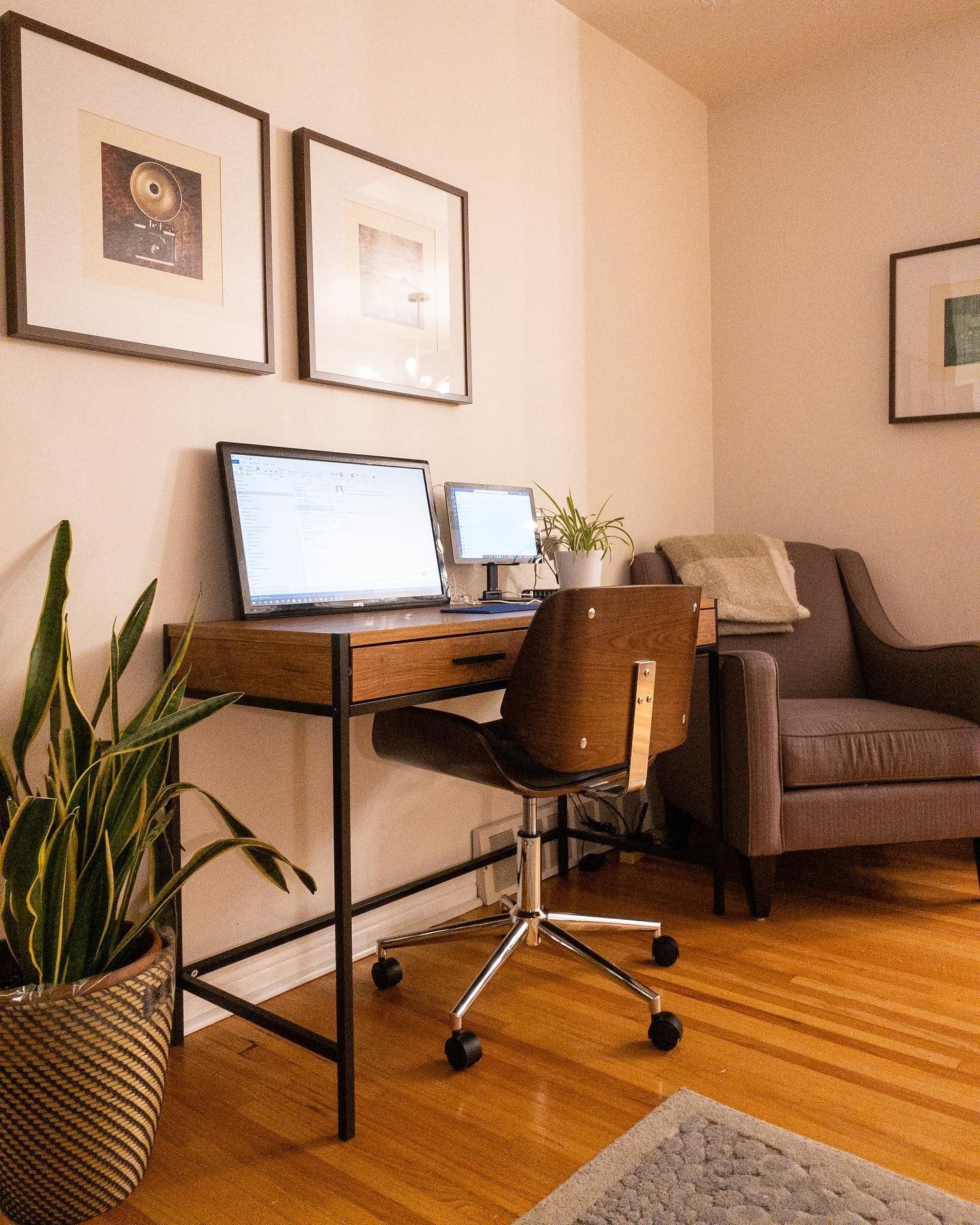 4. Warm Woods and Industrial Charm (Living Room Office Ideas)