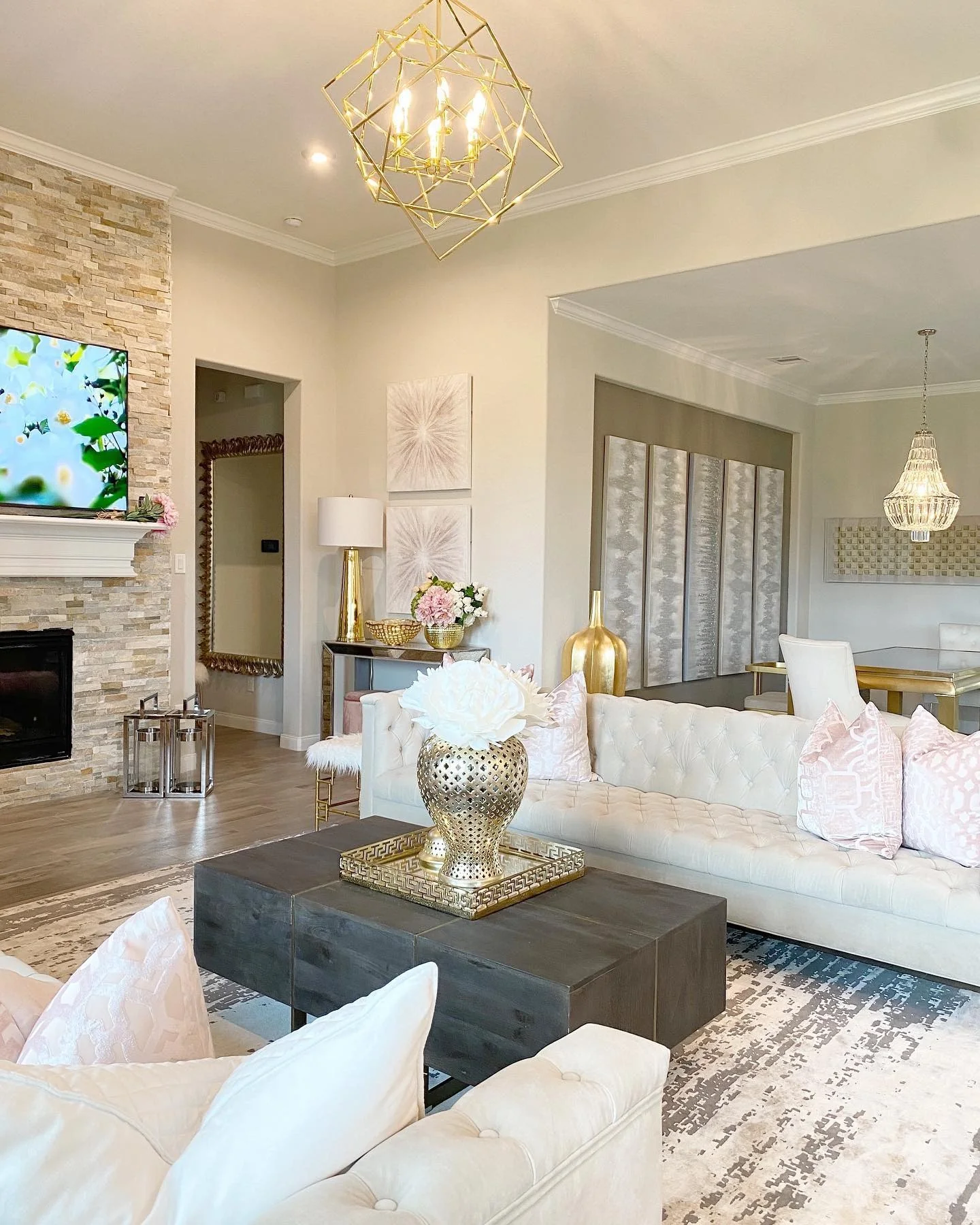 4. Soft Glam with Blush and Gold Accents (Grey and Gold Living Room Ideas)
