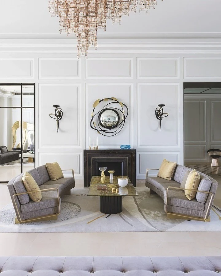 6. Symmetrical Elegance with Golden Geometry (Grey and Gold Living Room Ideas)