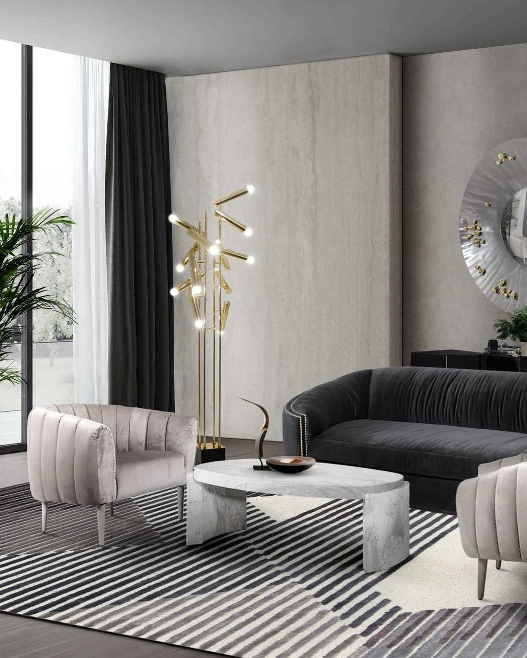 10. Architectural Drama in Marble and Gold (Grey and Gold Living Room Ideas)
