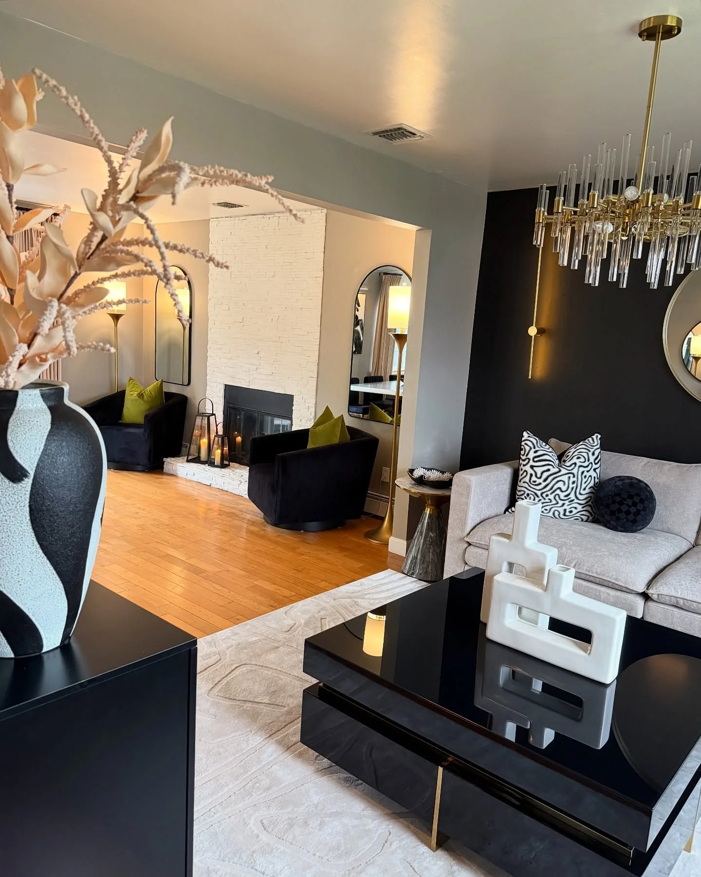 12. Bold Monochrome Contrast with Polished Gold Glam (Grey and Gold Living Room Ideas)