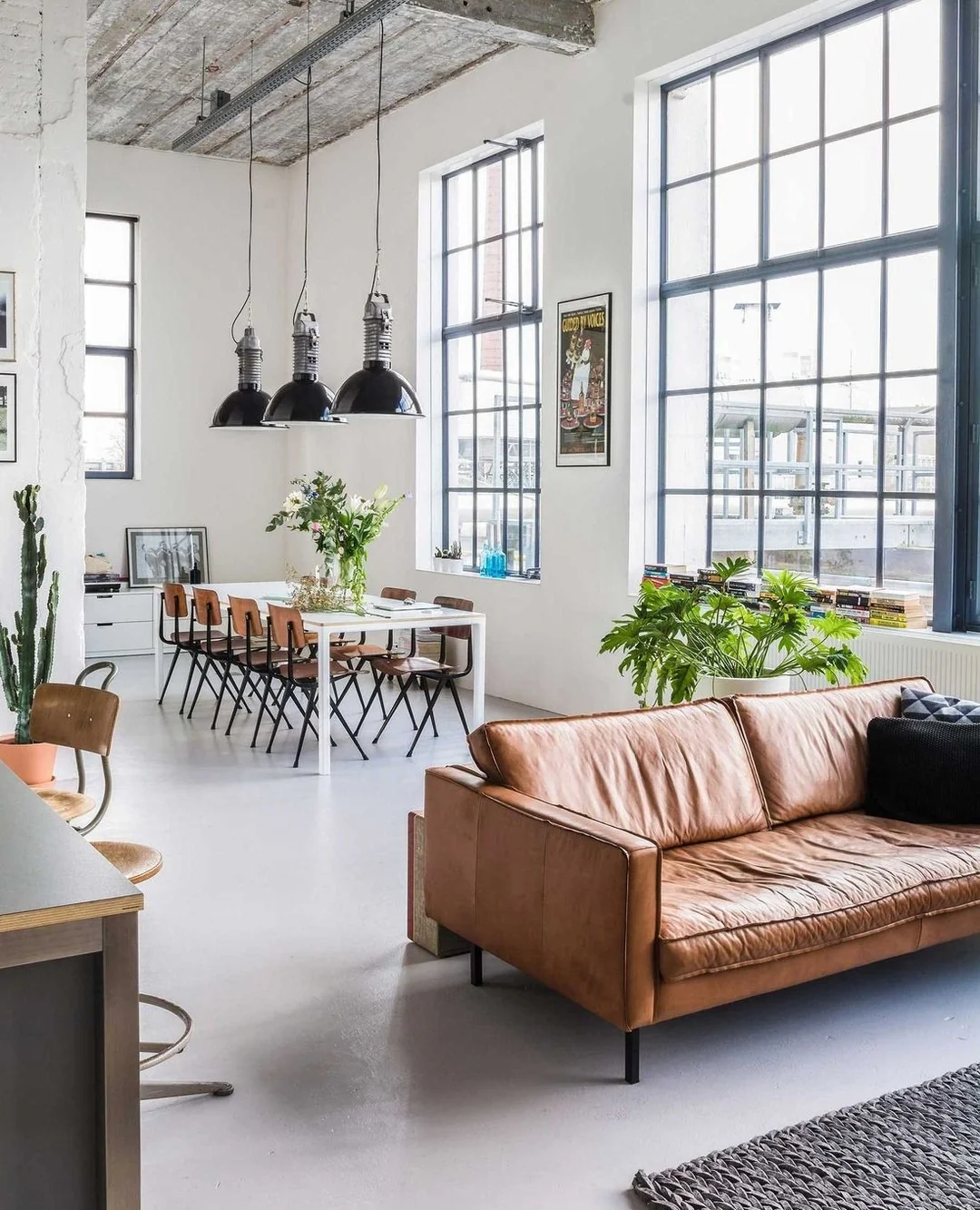 14. Industrial Light with Earthy Contrast (Brown Leather Sofa Living Room Ideas)