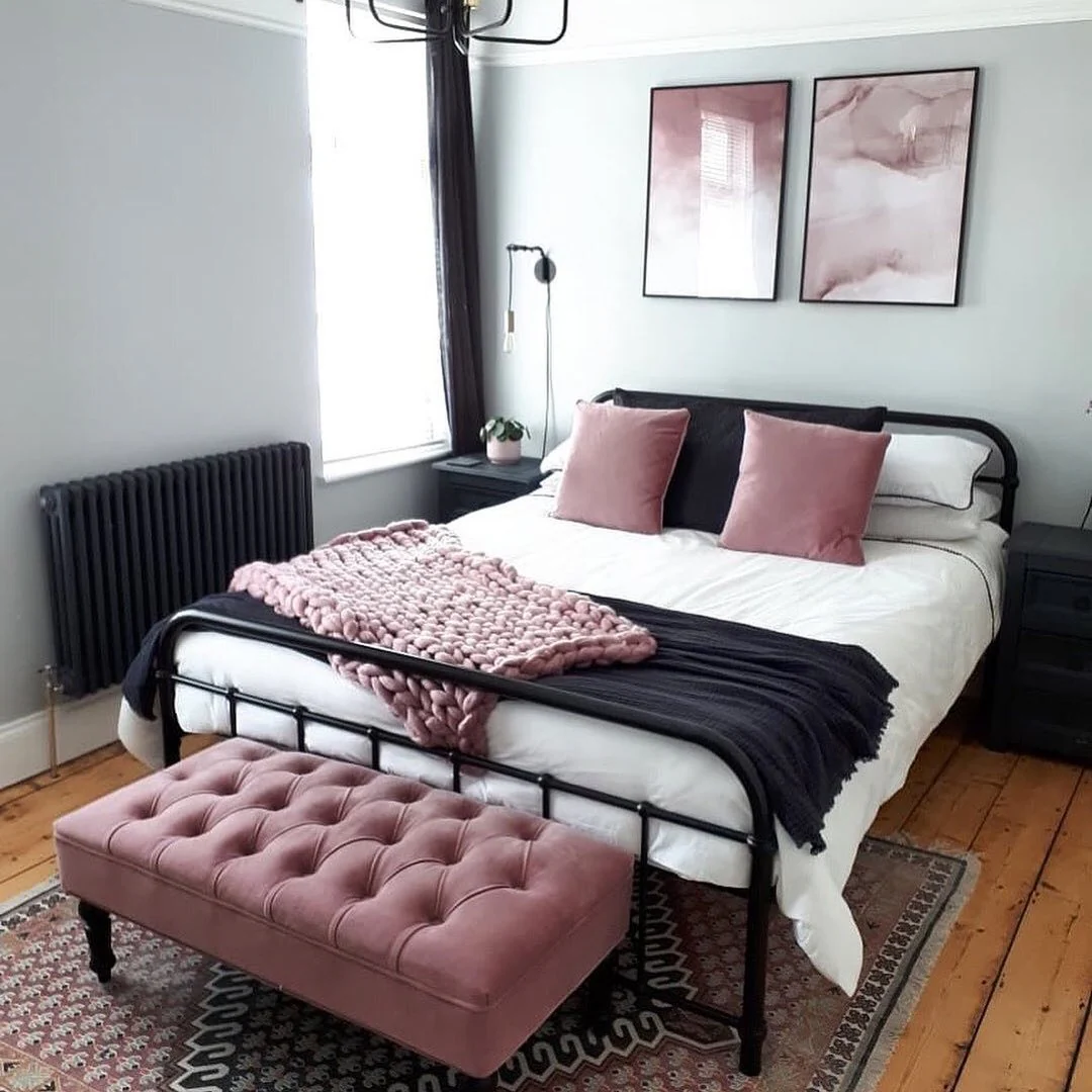 2. Blush Accents in a Contemporary Monochrome Space (Metal Bed Frame Bedroom Ideas)