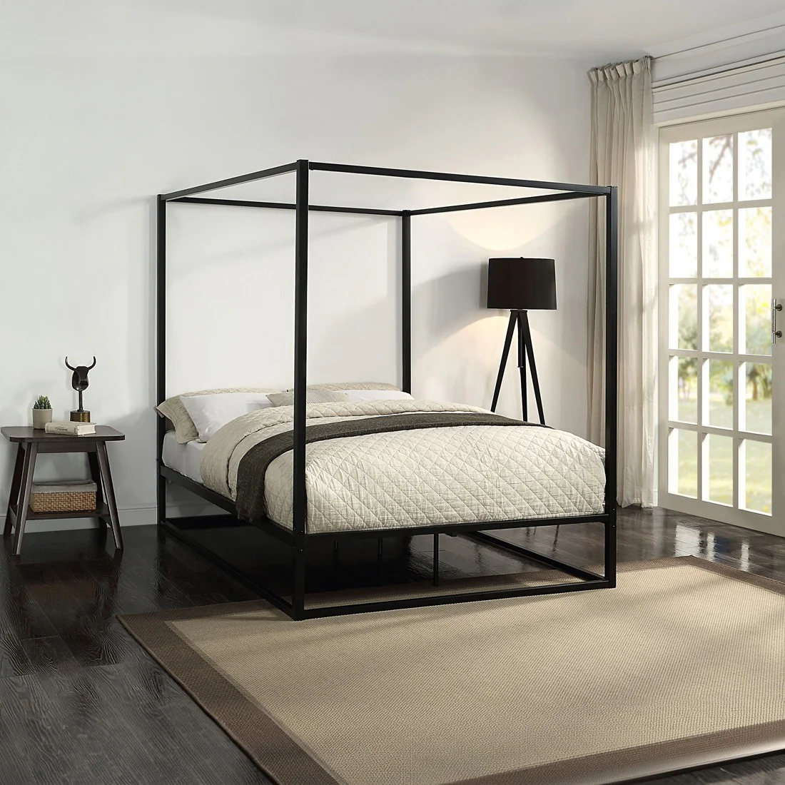 7. Minimalist Canopy with Dark Contrast (Metal Bed Frame Bedroom Ideas)