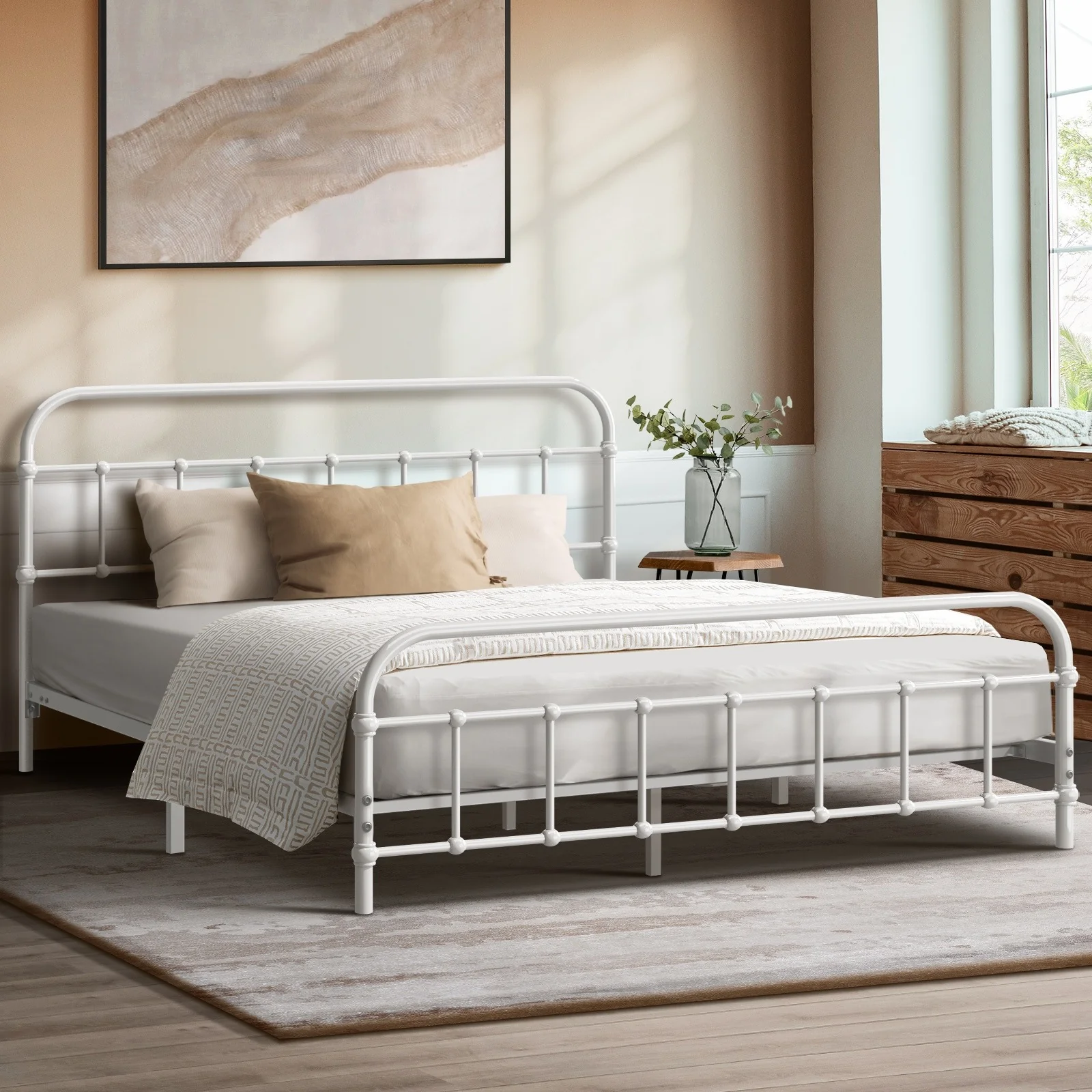 10. Fresh Neutrals with White Metal Framework (Metal Bed Frame Bedroom Ideas)