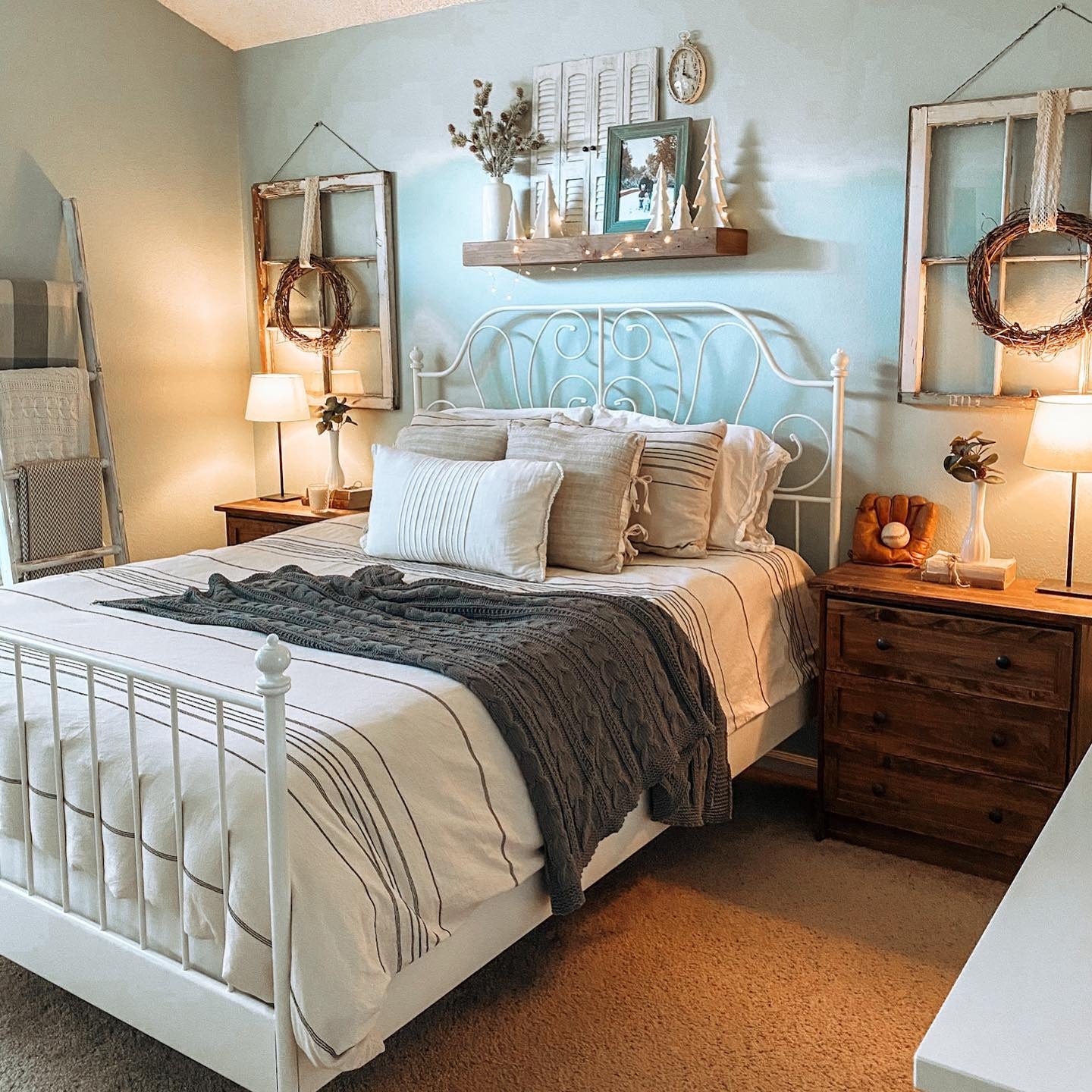 13. Cottage Style with Soft Blue and White Iron (Metal Bed Frame Bedroom Ideas)