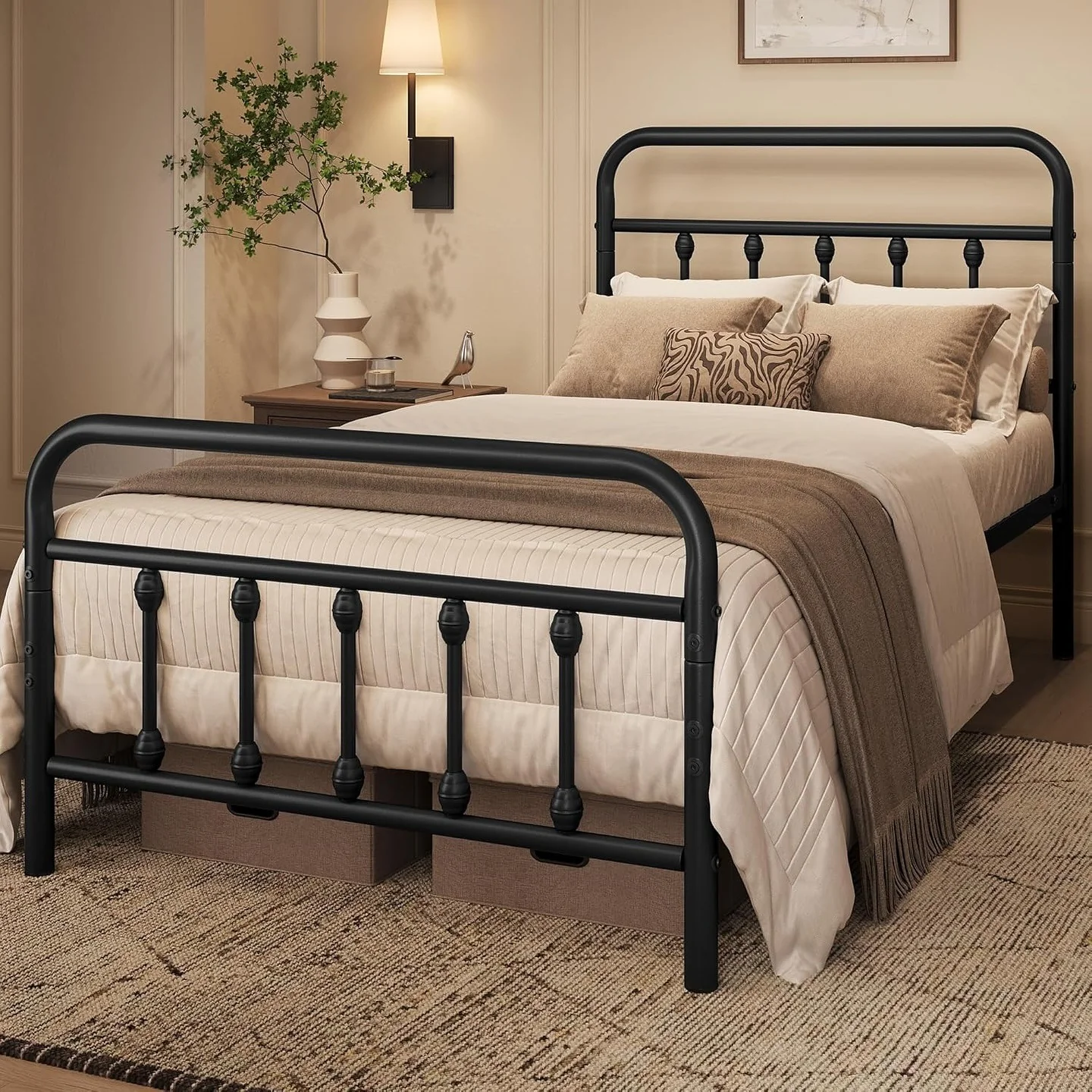 16. Layered Taupes with Matte Black Structure (Metal Bed Frame Bedroom Ideas)