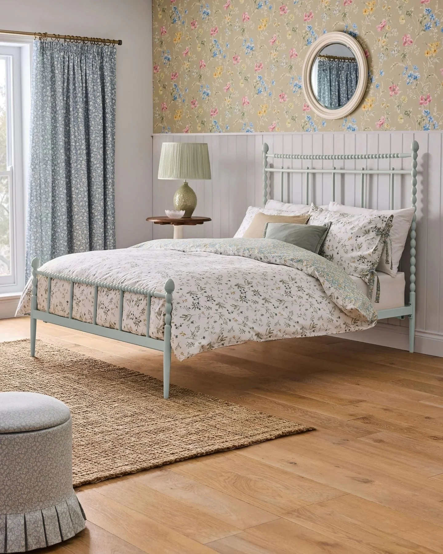 15. Soft Mint Frame in a Floral Country Setting (Metal Bed Frame Bedroom Ideas)