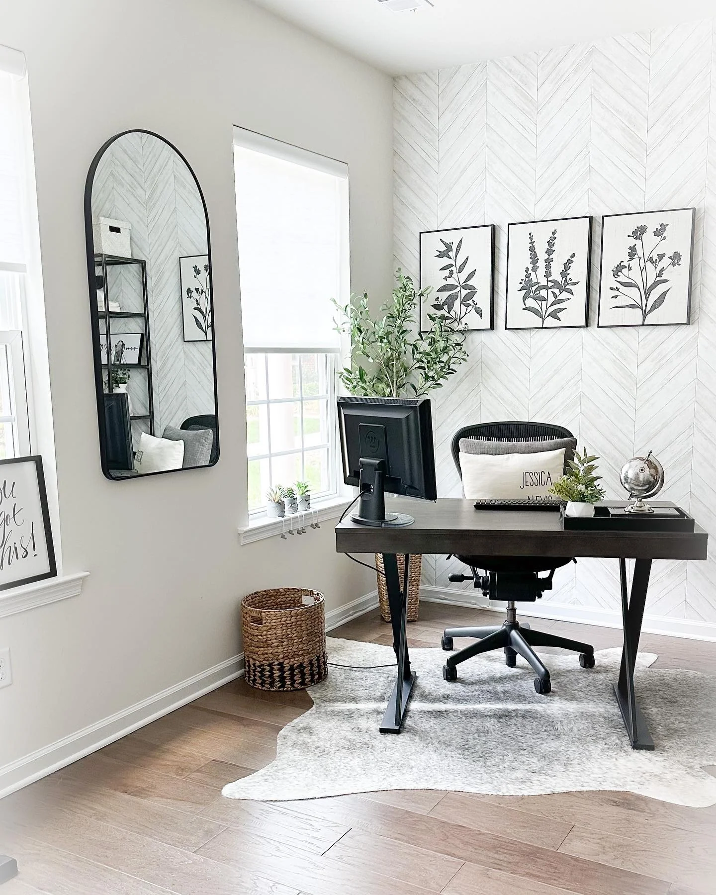 14. Refined Black and White Botanical Office (Farmhouse Office Ideas)