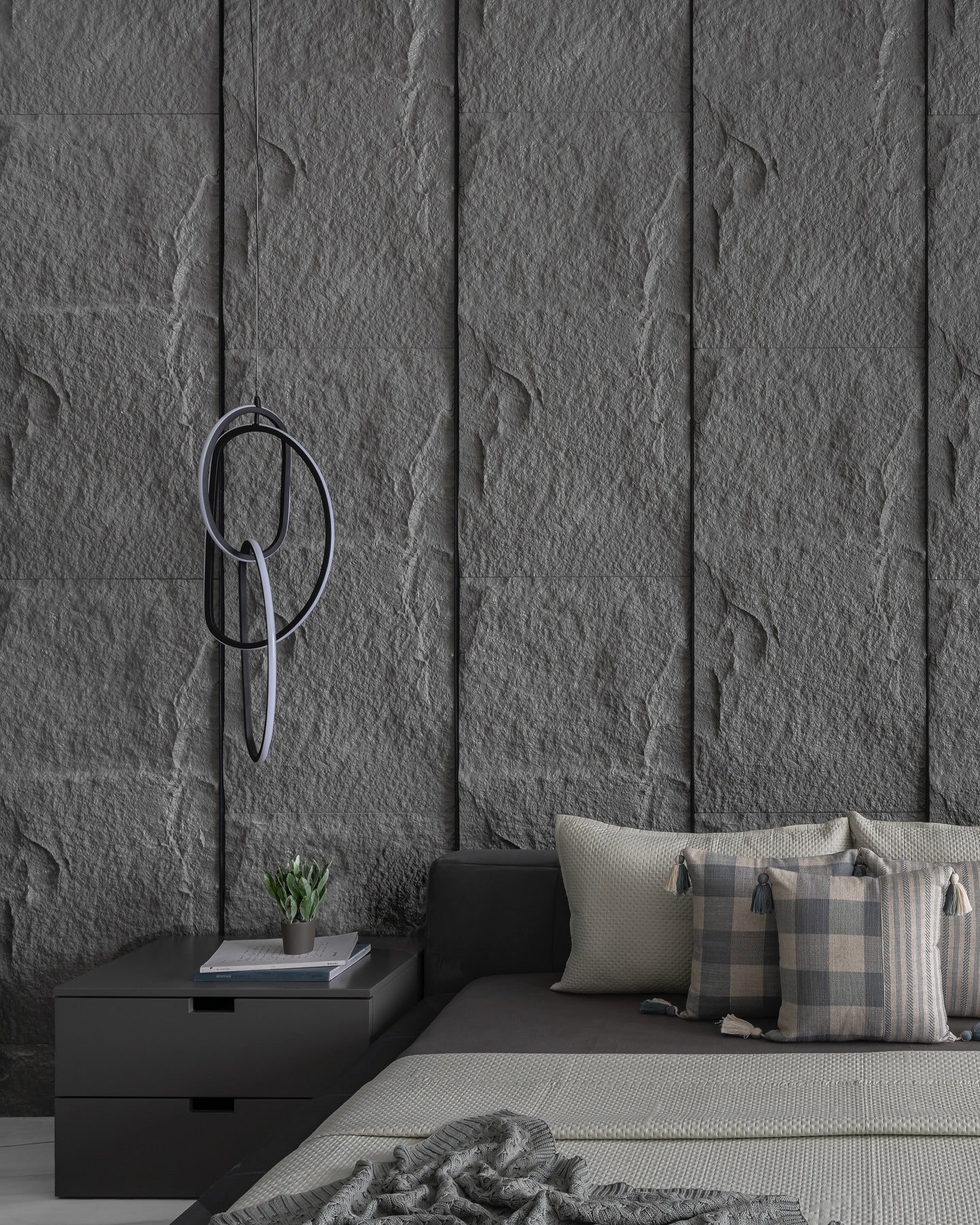 5. Modern Texture with Stone-Like Panels (Gray Wall Bedroom Ideas)