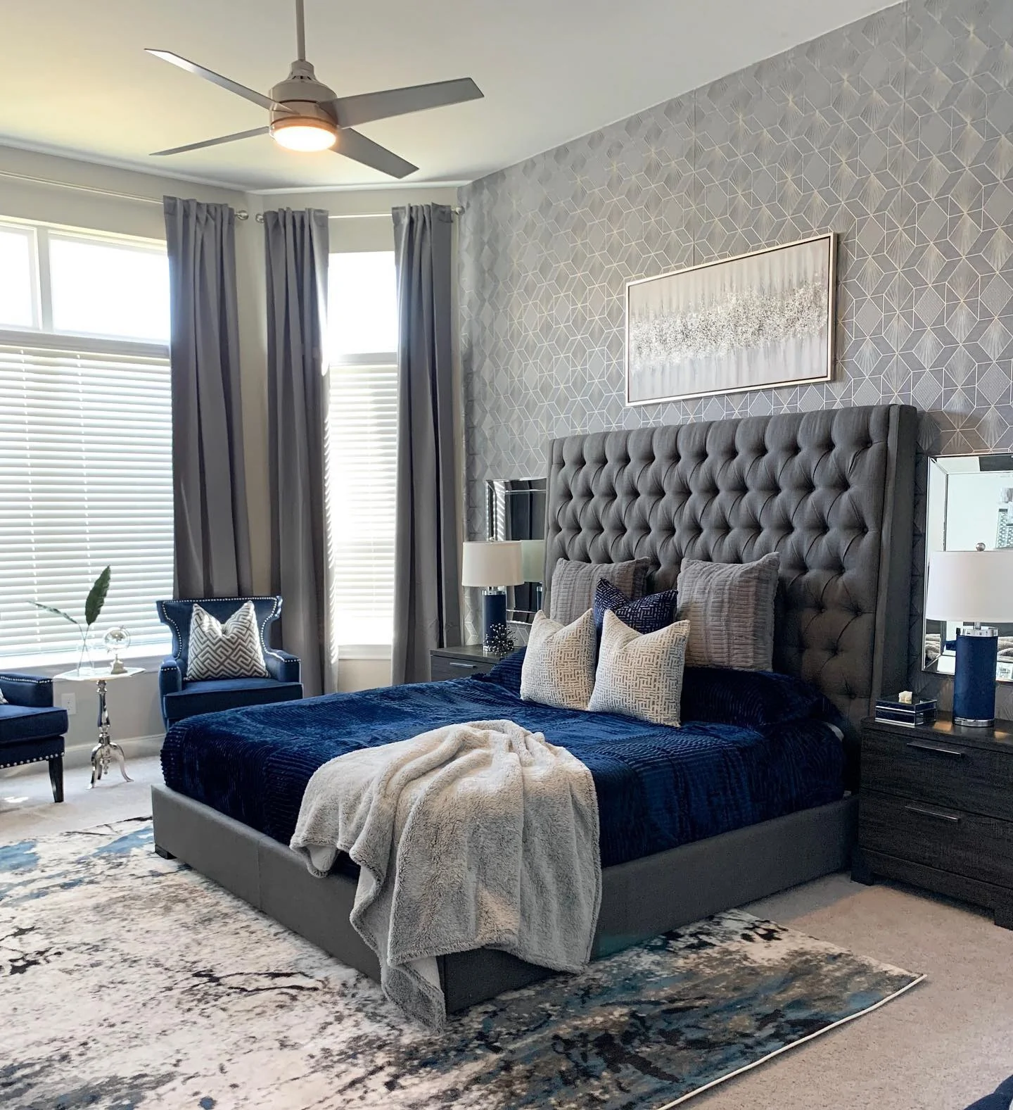 11. Textured Geometry with Navy Contrast (Gray Wall Bedroom Ideas)