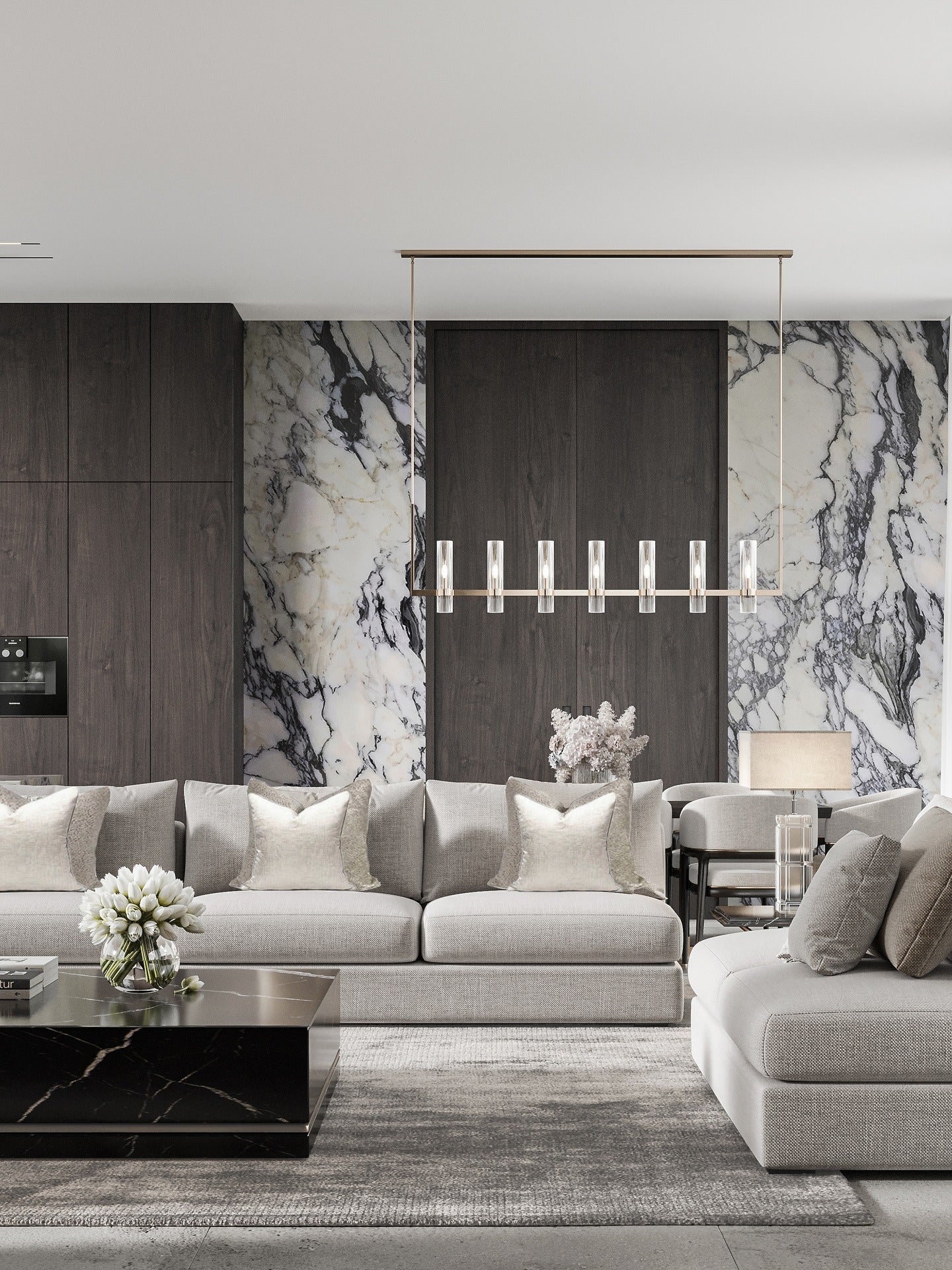 16. Contemporary Monochrome with Marble Backdrop (Living Room Furniture Ideas)