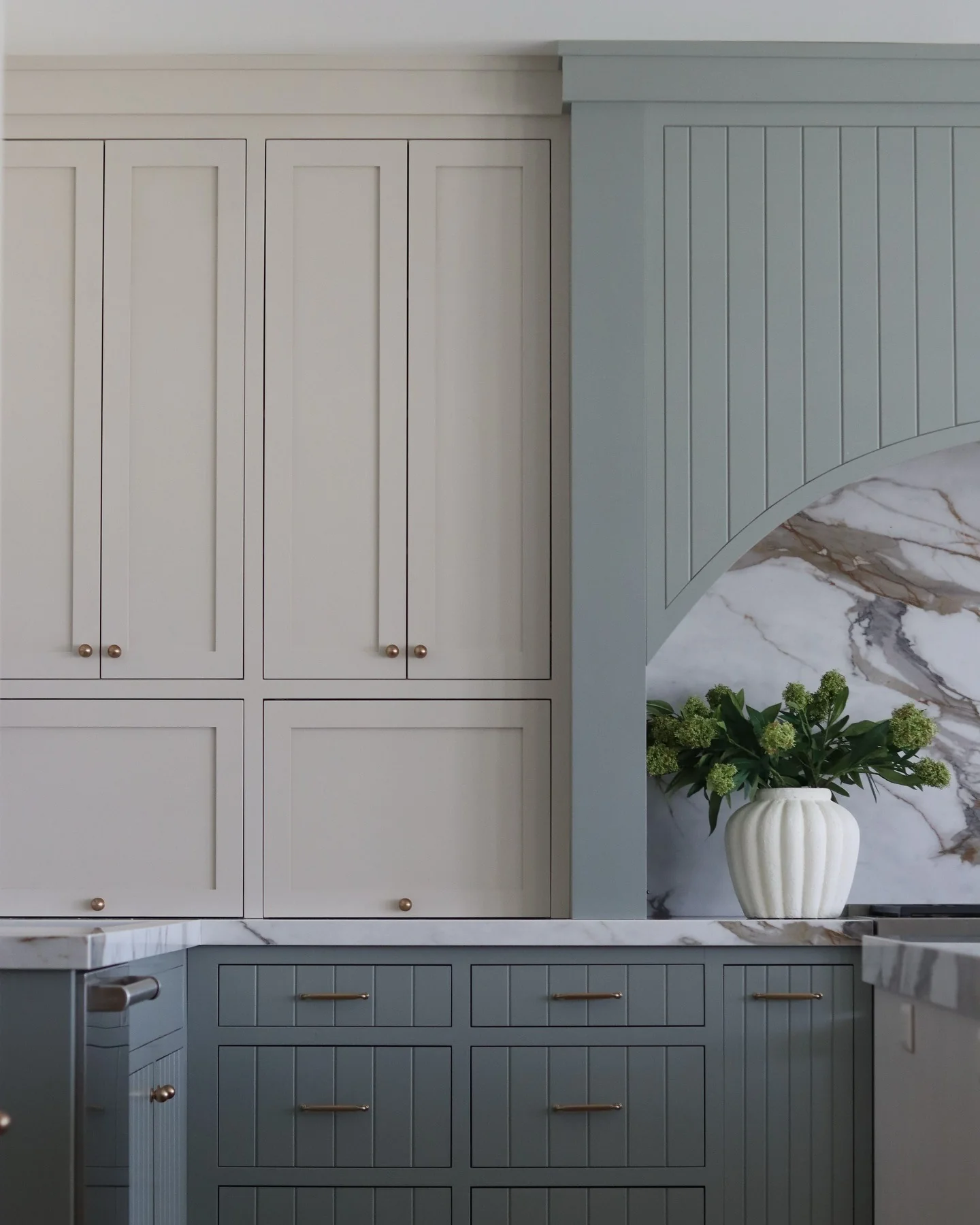 2. Muted Blue and Cream Transitional Cabinetry (Gray and Blue Kitchen Ideas)