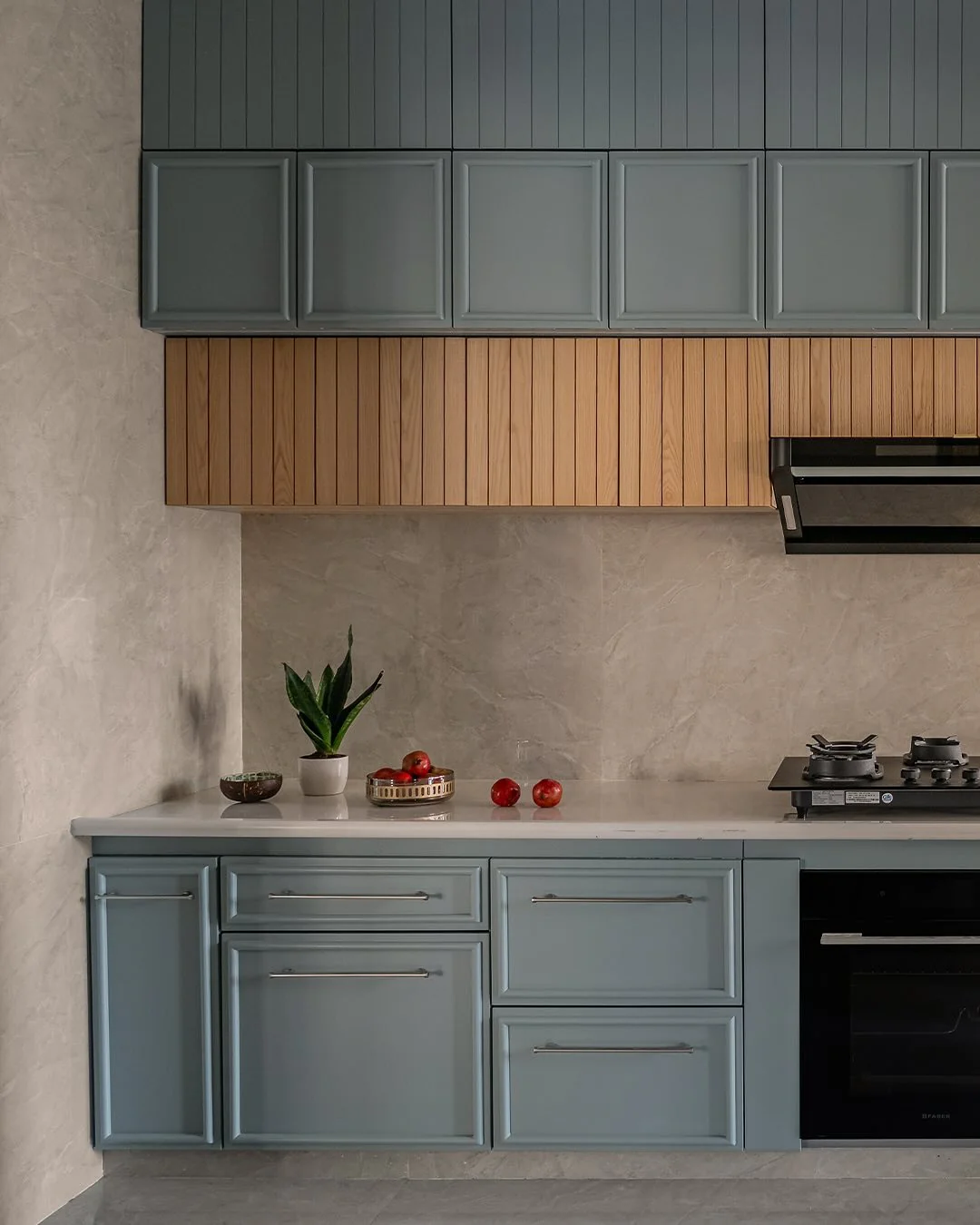 6. Dusty Blue with Natural Wood Accent (Gray and Blue Kitchen Ideas)