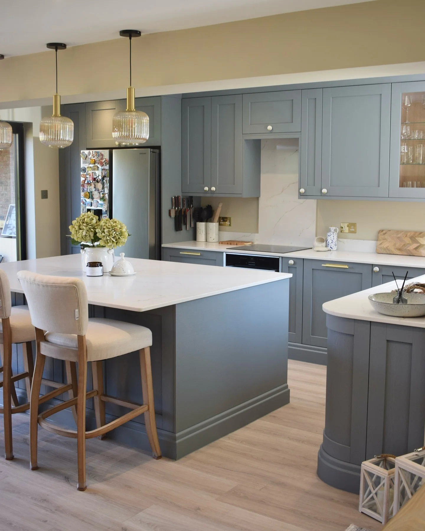 11. Soft Gray-Blue Shaker with Brass Accents (Gray and Blue Kitchen Ideas)