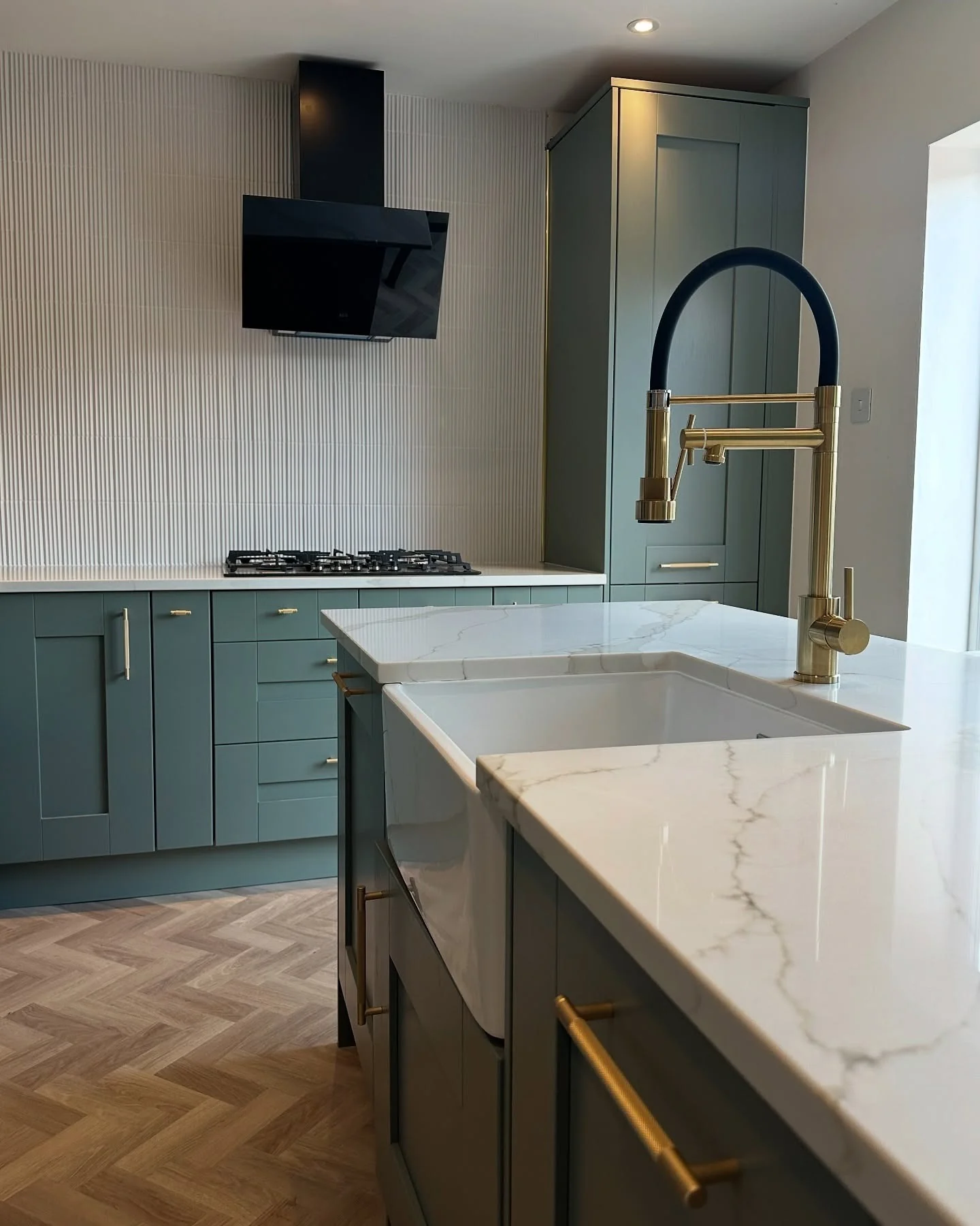 9. Sage-Blue Modern Farmhouse Kitchen (Gray and Blue Kitchen Ideas)