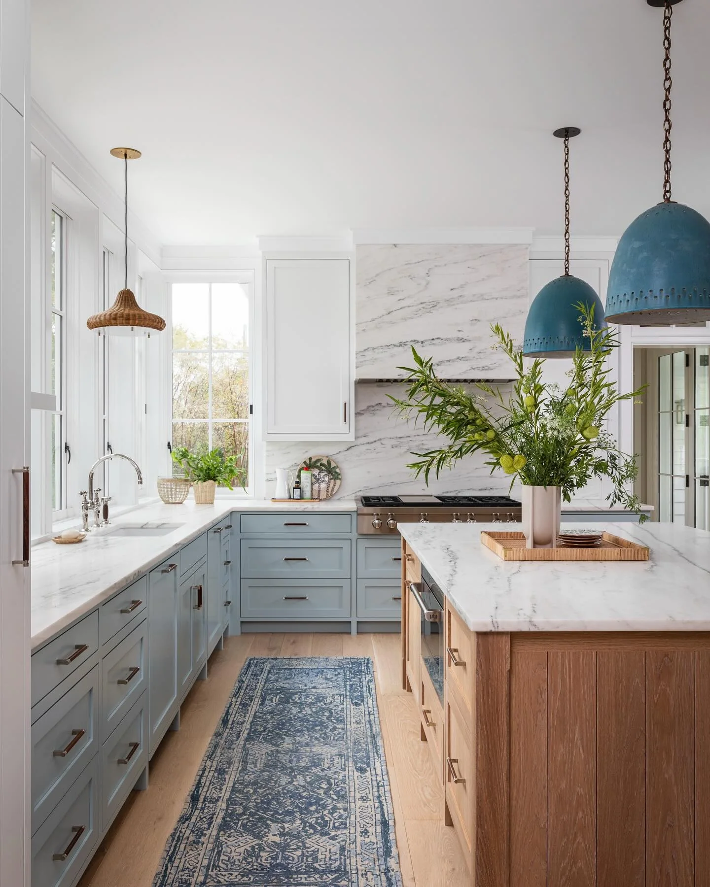 12. Powder Blue and Oak with Marble Texture (Gray and Blue Kitchen Ideas)