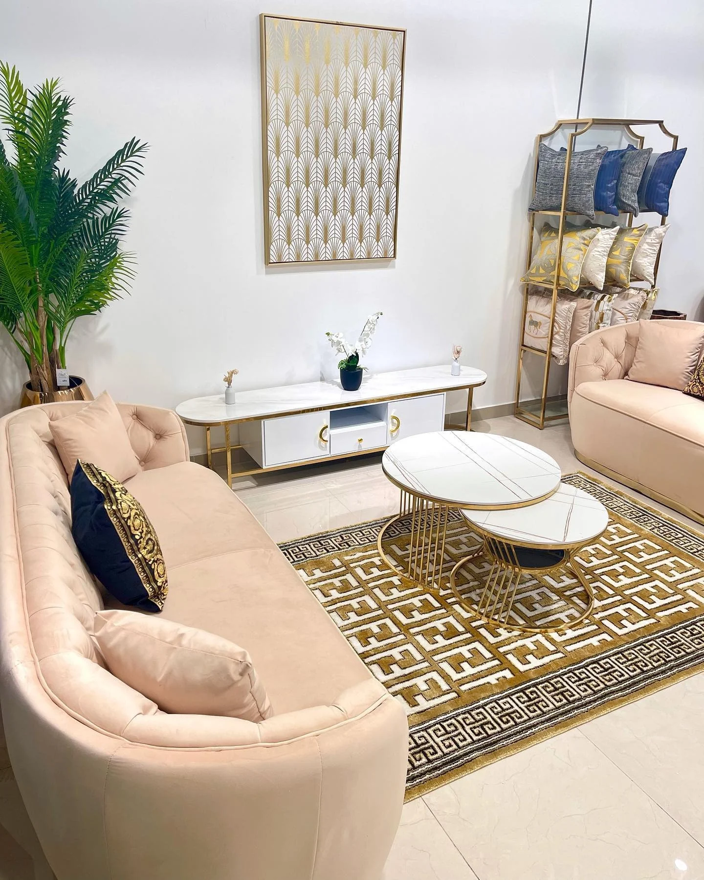 7. Soft Blush with Clean Gold Lines (Gold Living Room Ideas)