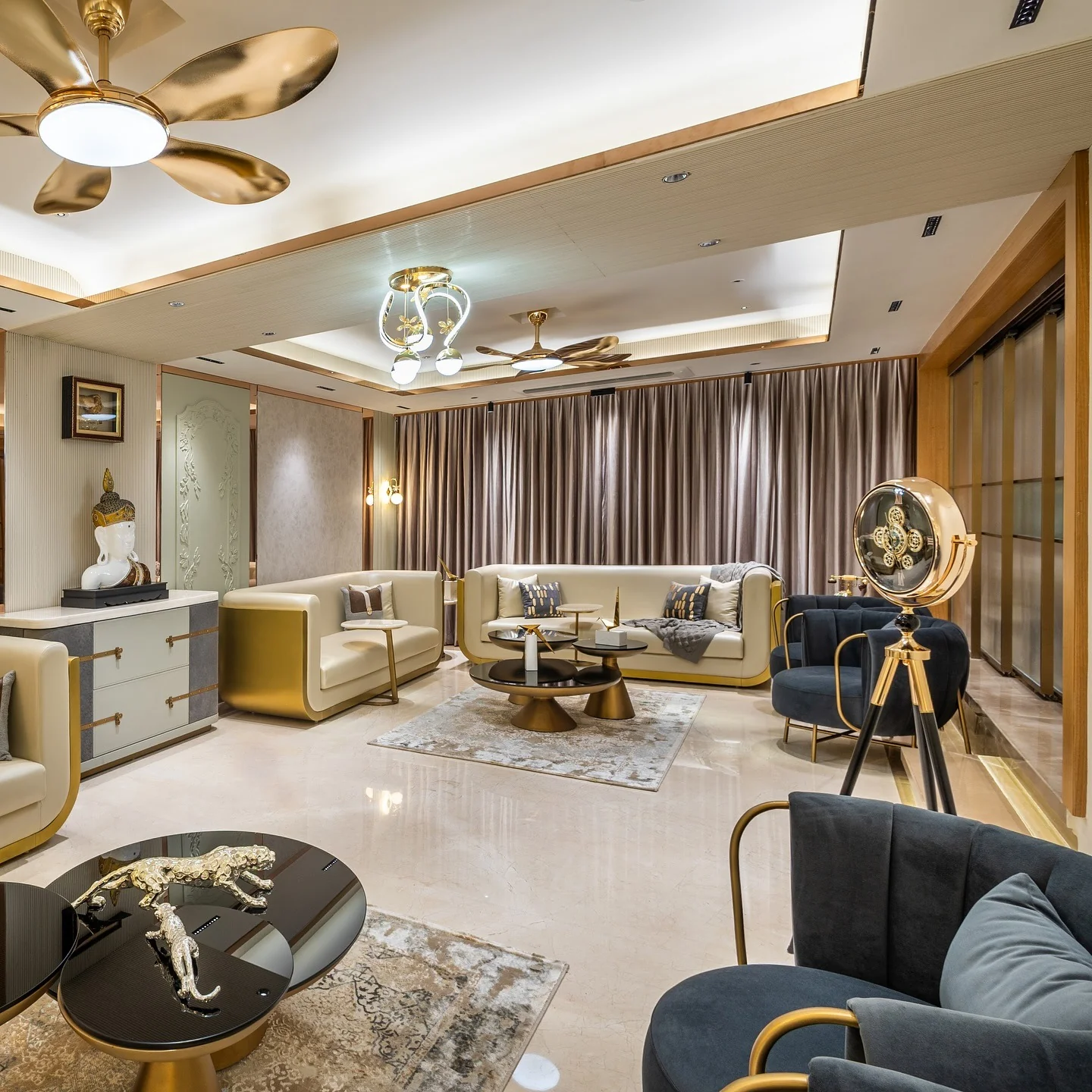 12. Modern Luxe in Brushed Gold and Cream (Gold Living Room Ideas)