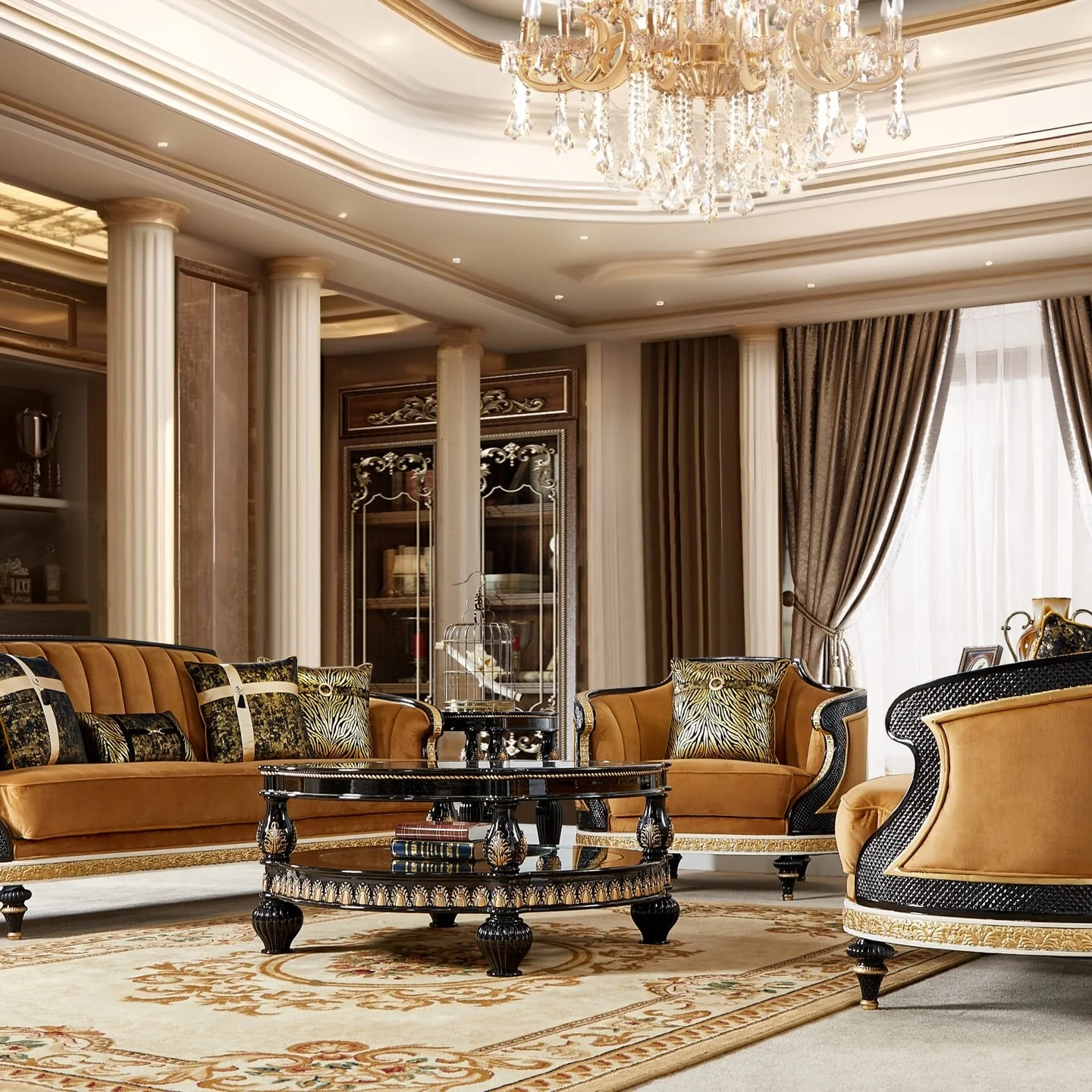 11. Palatial Gold with Classic European Detailing (Gold Living Room Ideas)