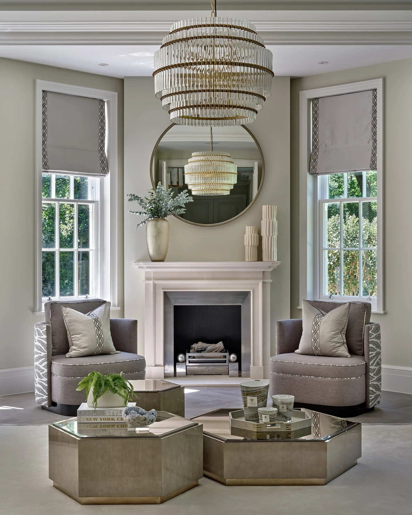 3. Chic Symmetry in Layered Neutrals (Living Room Mirror Ideas)