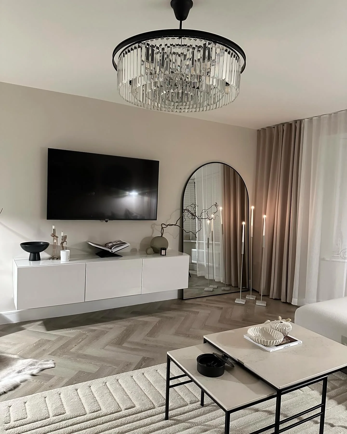 5. Monochrome Modern with Mirror Geometry (Living Room Mirror Ideas)