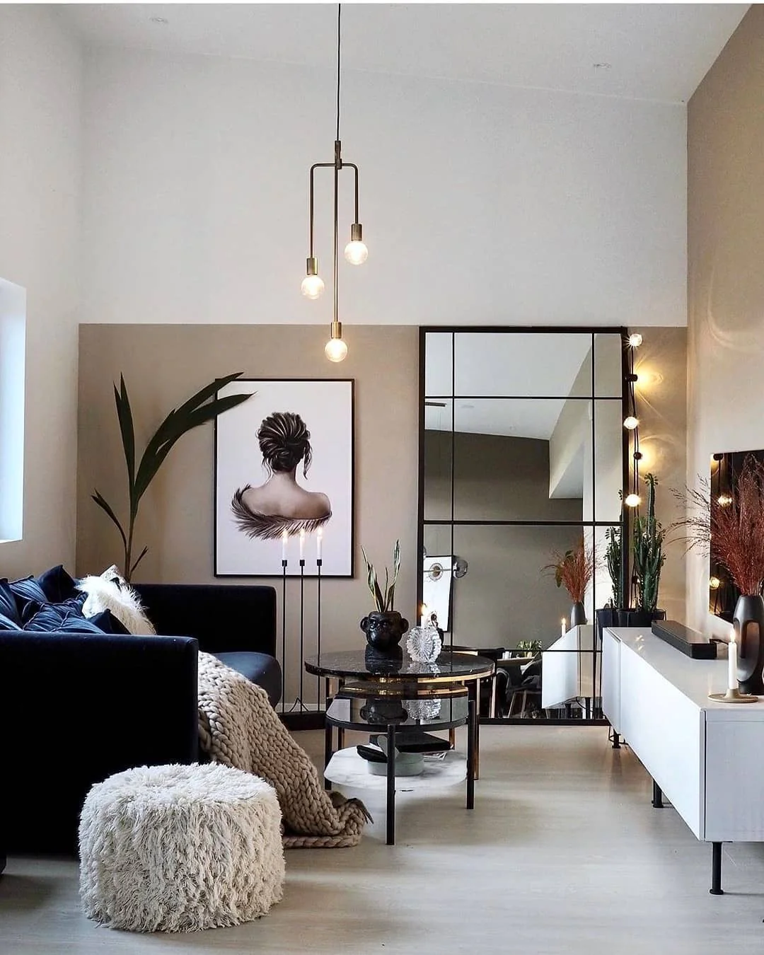 11. Modern Edge with Grid Mirror and Deep Neutrals (Living Room Mirror Ideas)